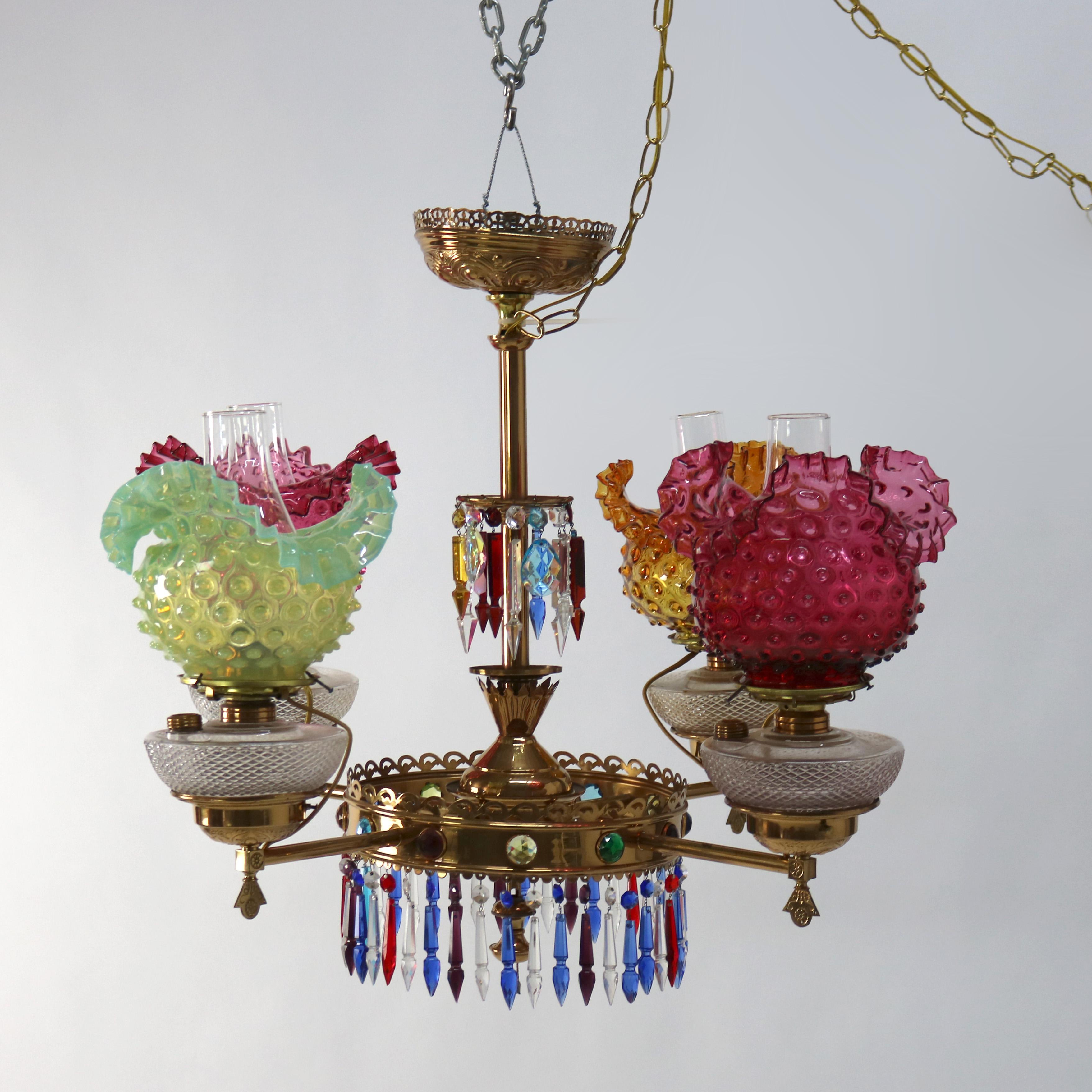 Americano Lampadario antico Aesthetic Movement in ottone policromato e cristallo C1870 in vendita