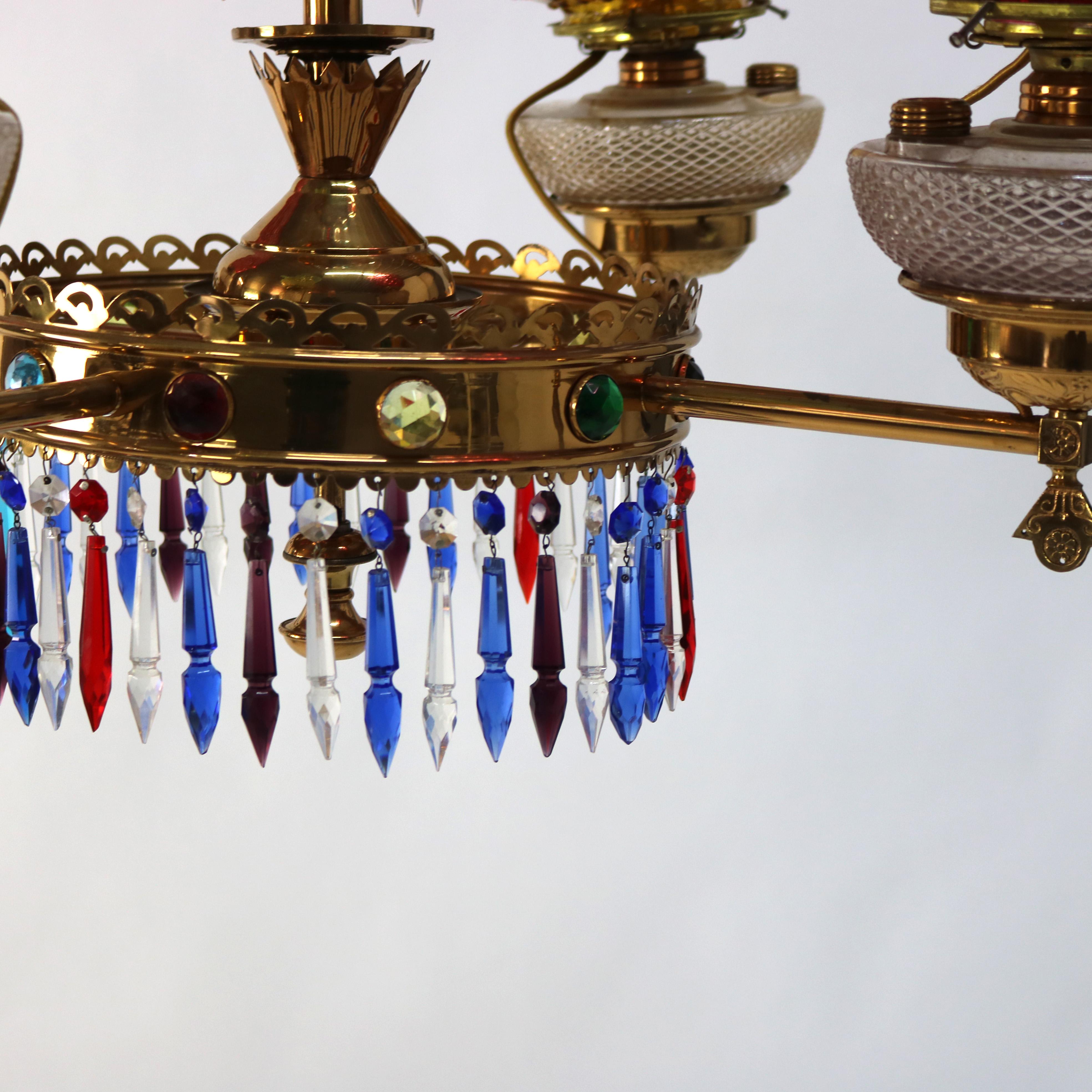 Ottone Lampadario antico Aesthetic Movement in ottone policromato e cristallo C1870 in vendita