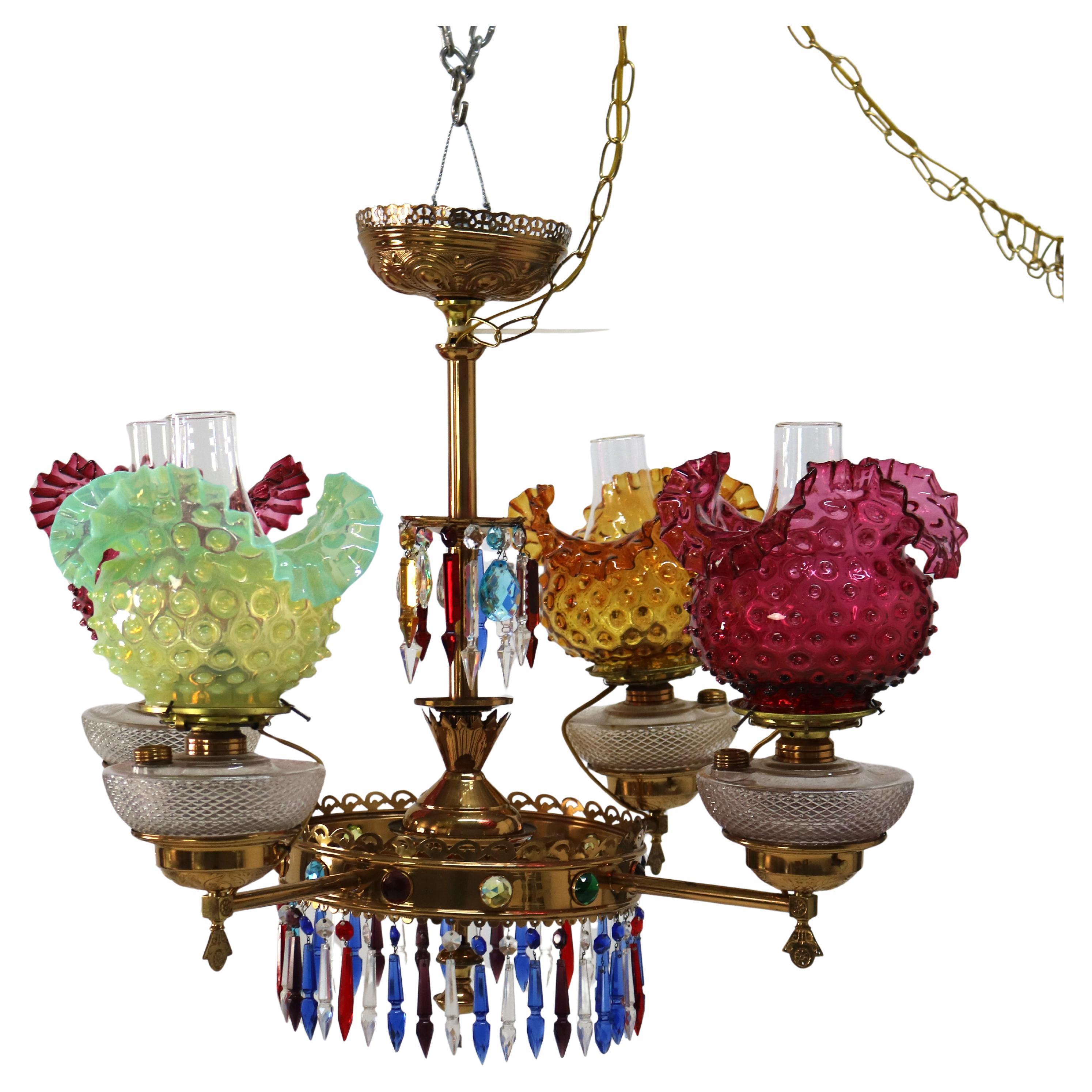 Antique Aesthetic Movement Polychromed Brass & Crystal Chandelier C1870