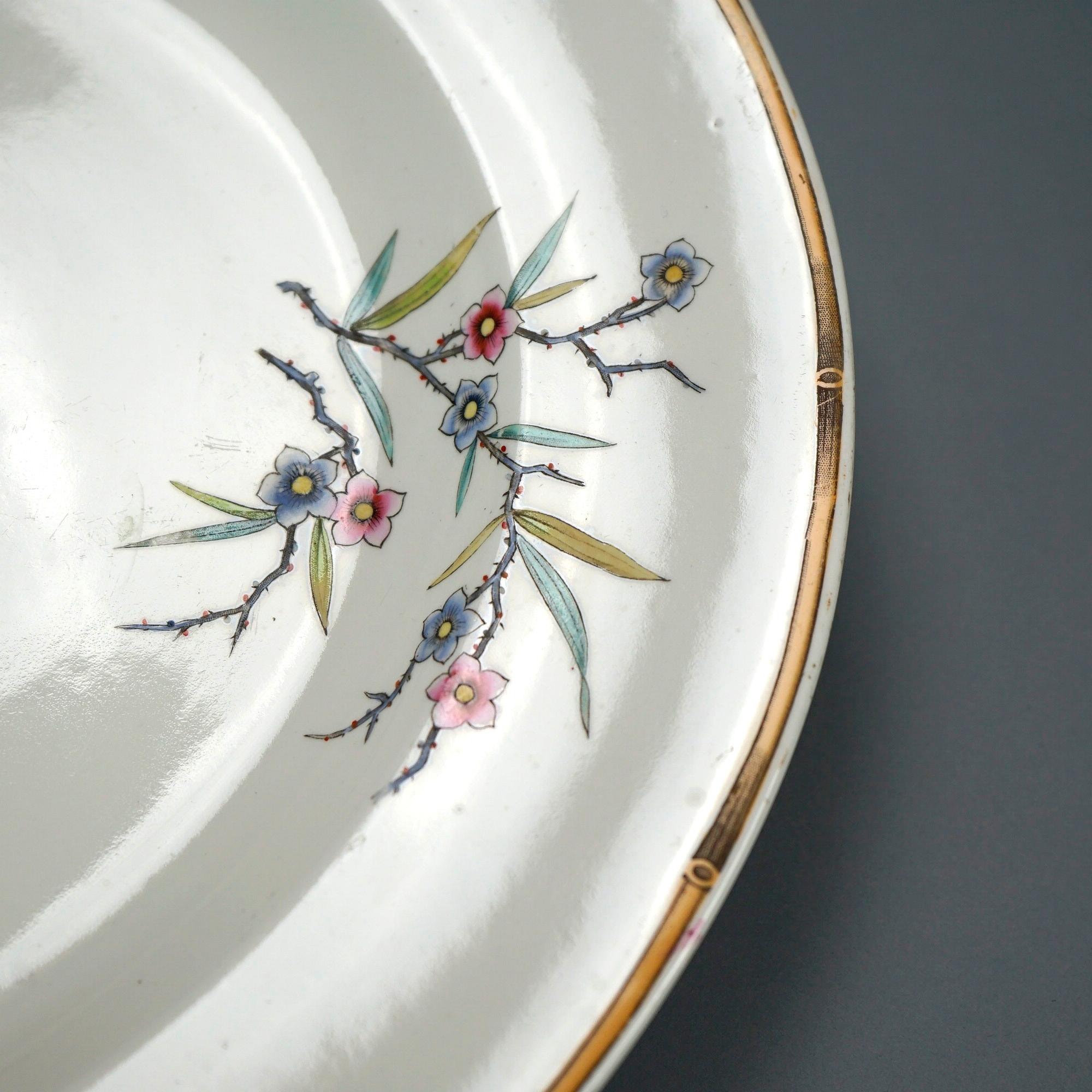 European Antique Aesthetic Movement Porcelain Platter, Bird & Garden Elements, 19th C For Sale