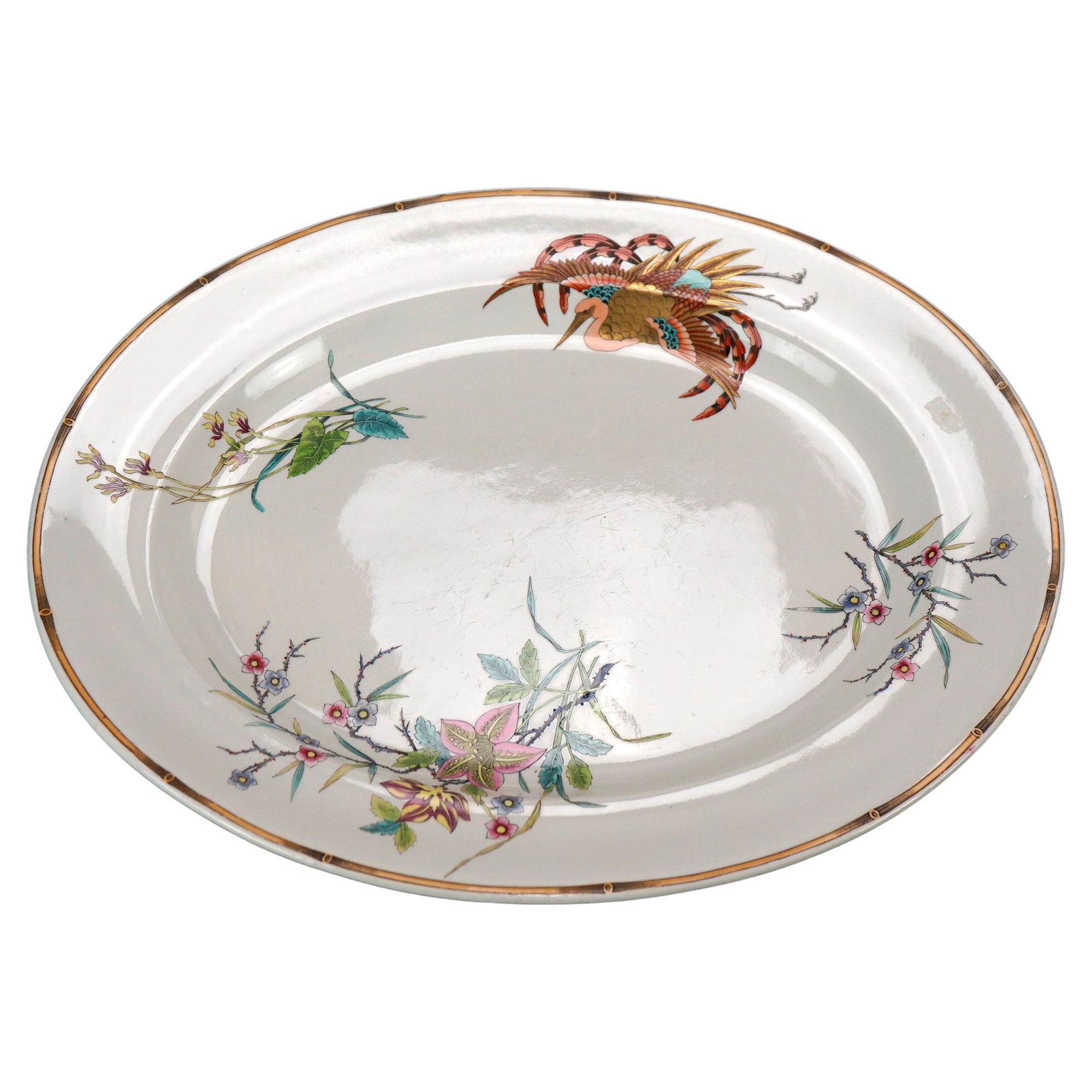 Antique Aesthetic Movement Porcelain Platter, Bird & Garden Elements, 19th C. en vente