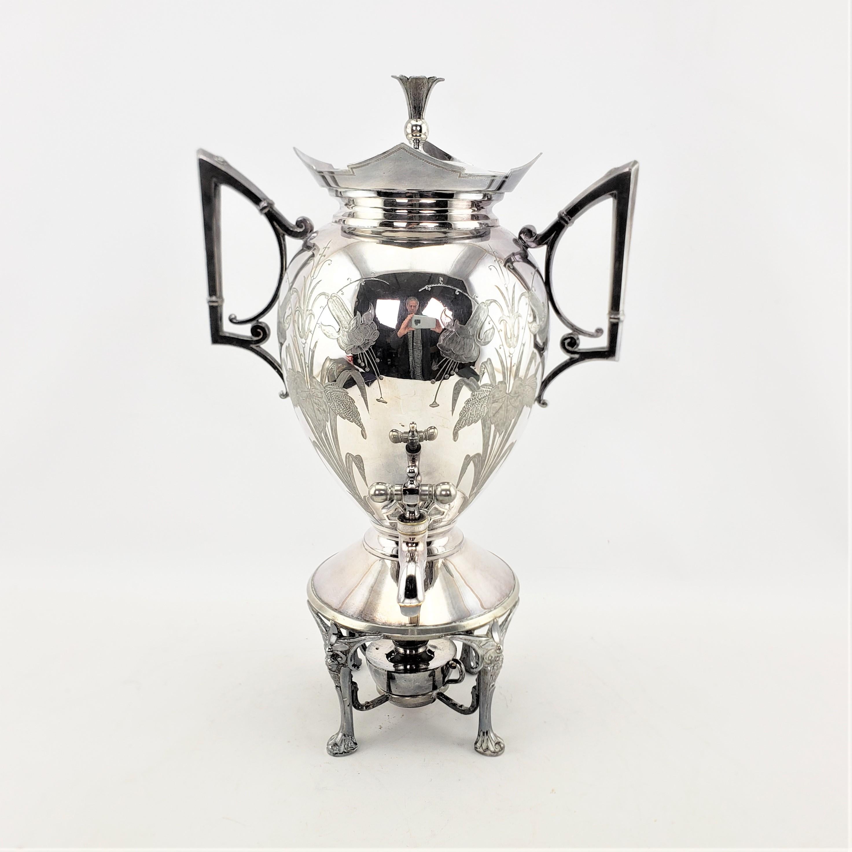 American Antique Aesthetic Movement Silver Plated Hot Water Kettle with Floral Decoration For Sale