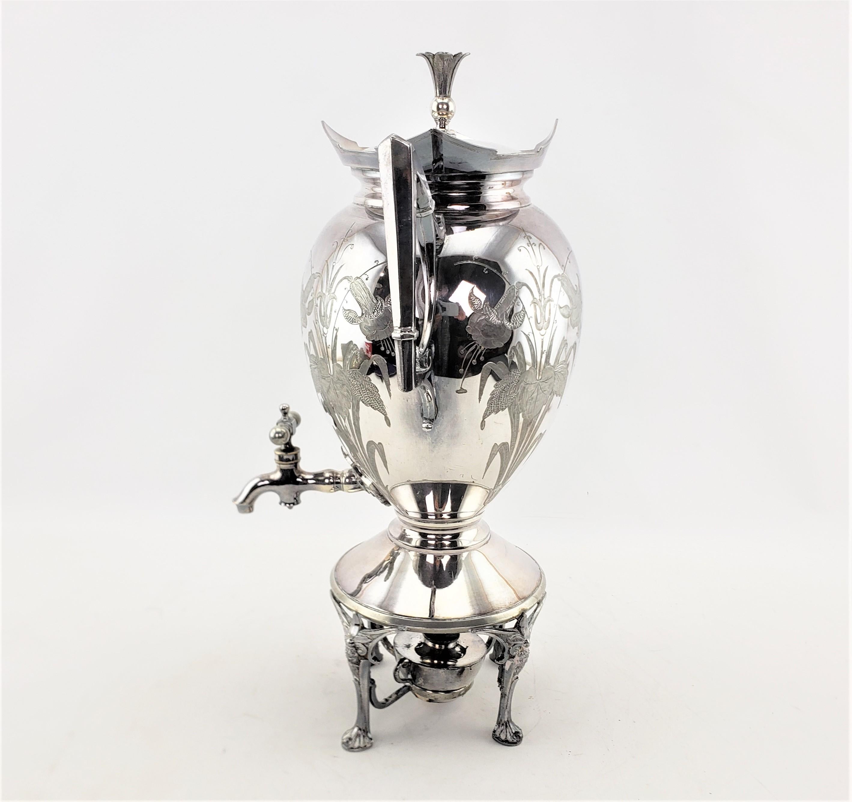 Machine-Made Antique Aesthetic Movement Silver Plated Hot Water Kettle with Floral Decoration For Sale