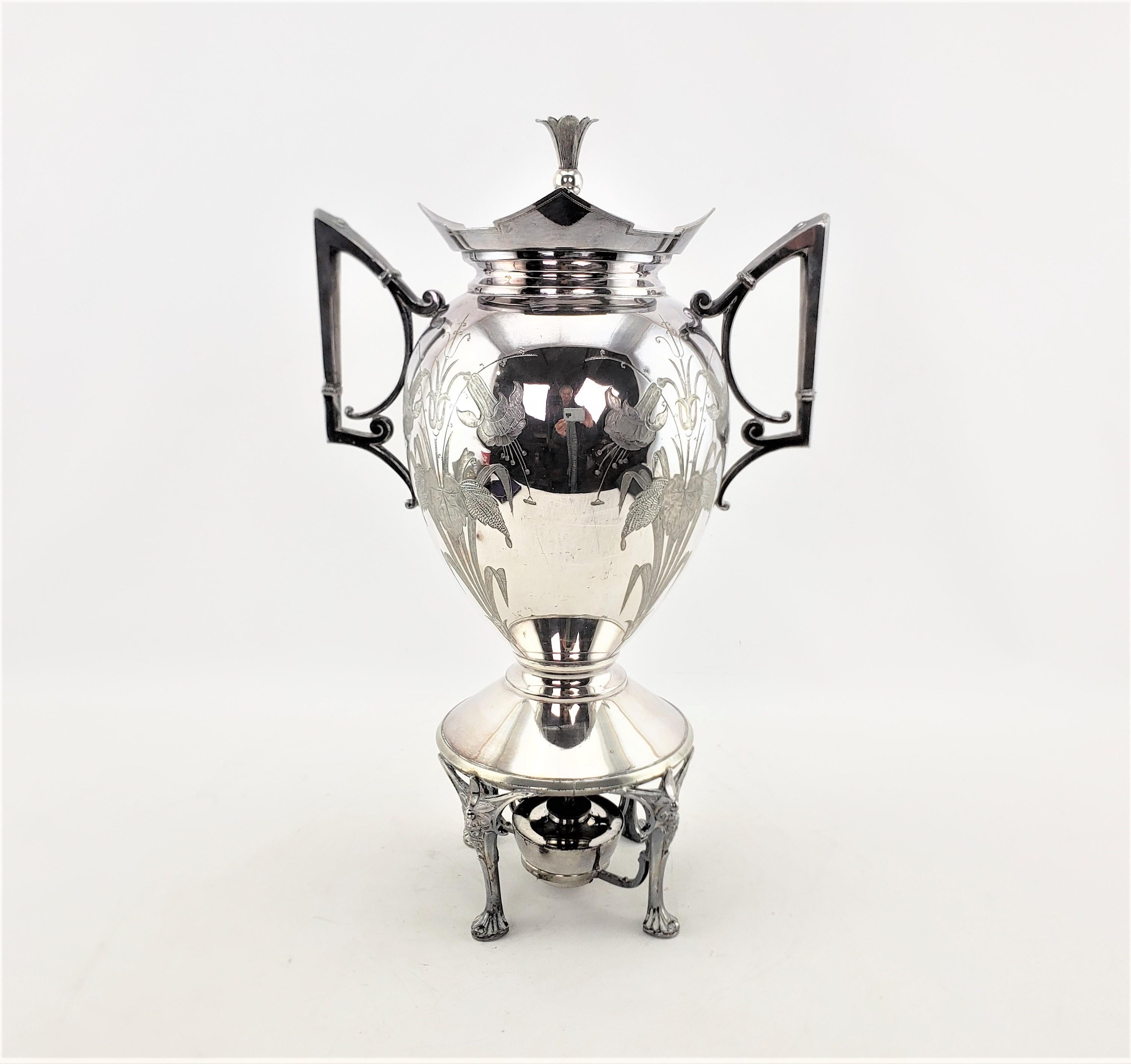 Antique Aesthetic Movement Silver Plated Hot Water Kettle with Floral Decoration In Good Condition For Sale In Hamilton, Ontario