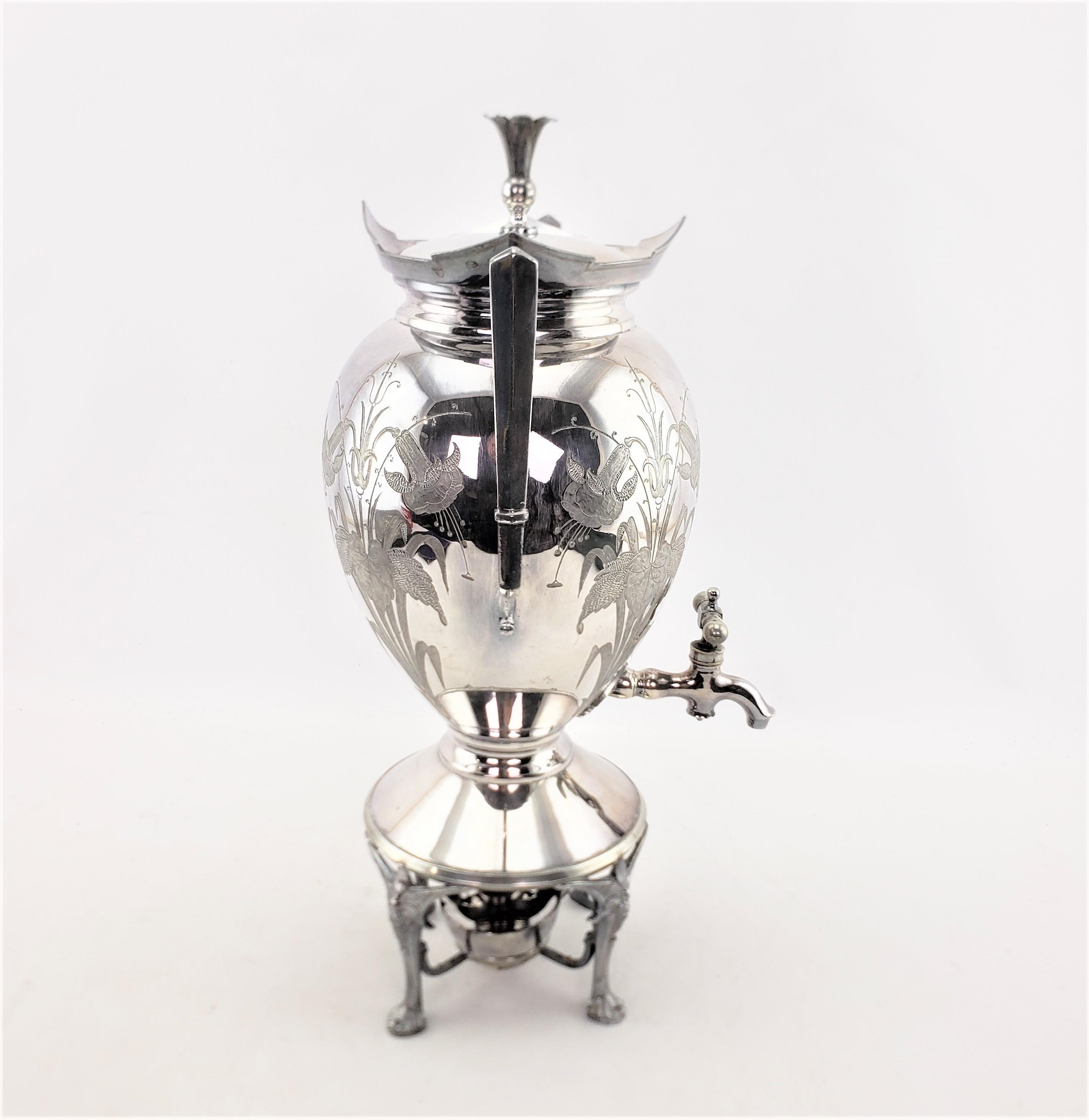 19th Century Antique Aesthetic Movement Silver Plated Hot Water Kettle with Floral Decoration For Sale