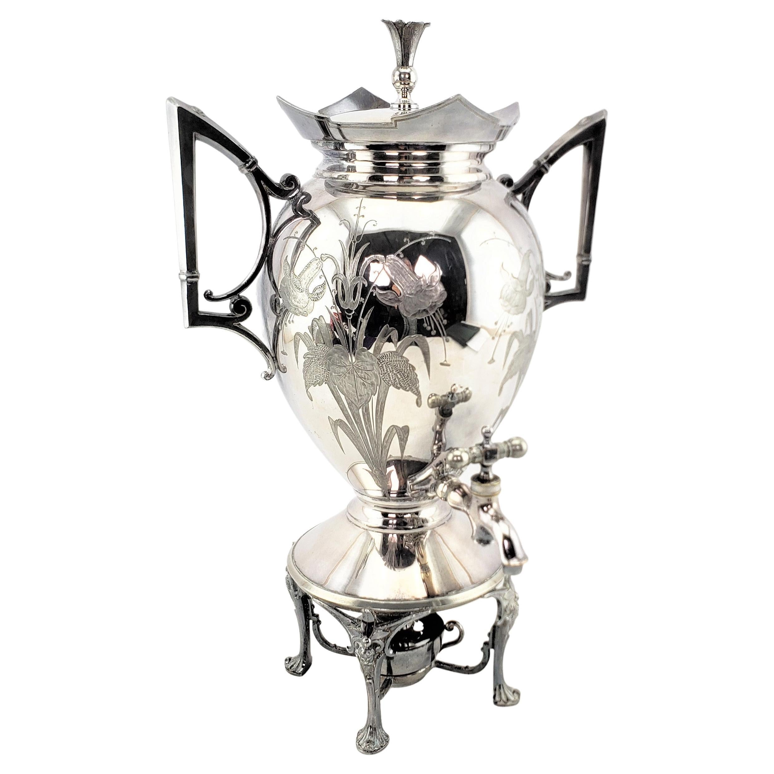 Antique Aesthetic Movement Silver Plated Hot Water Kettle with Floral Decoration For Sale