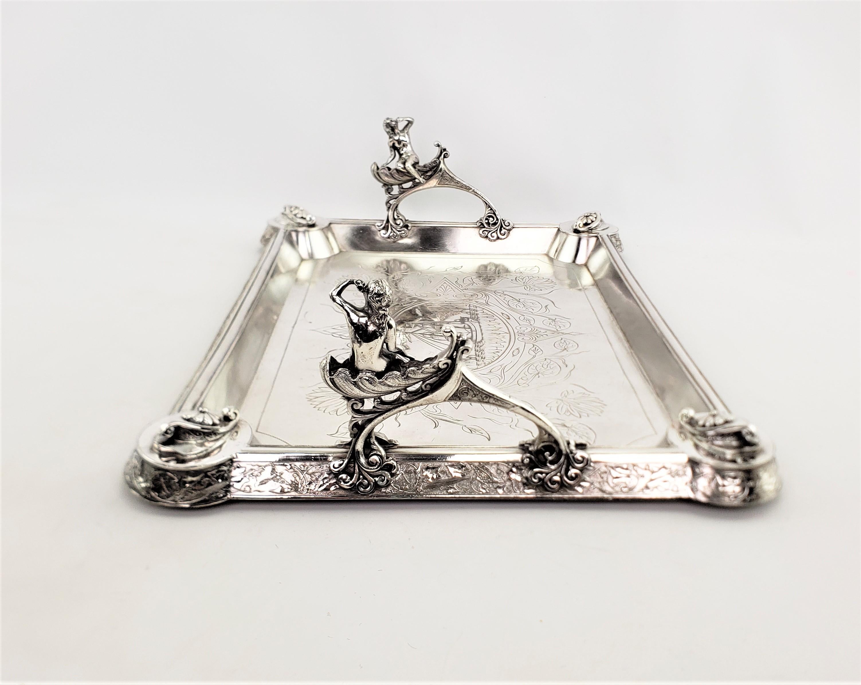 Antique Aesthetic Movement Silver Plated Serving Tray with Figural Siren Handles For Sale 1