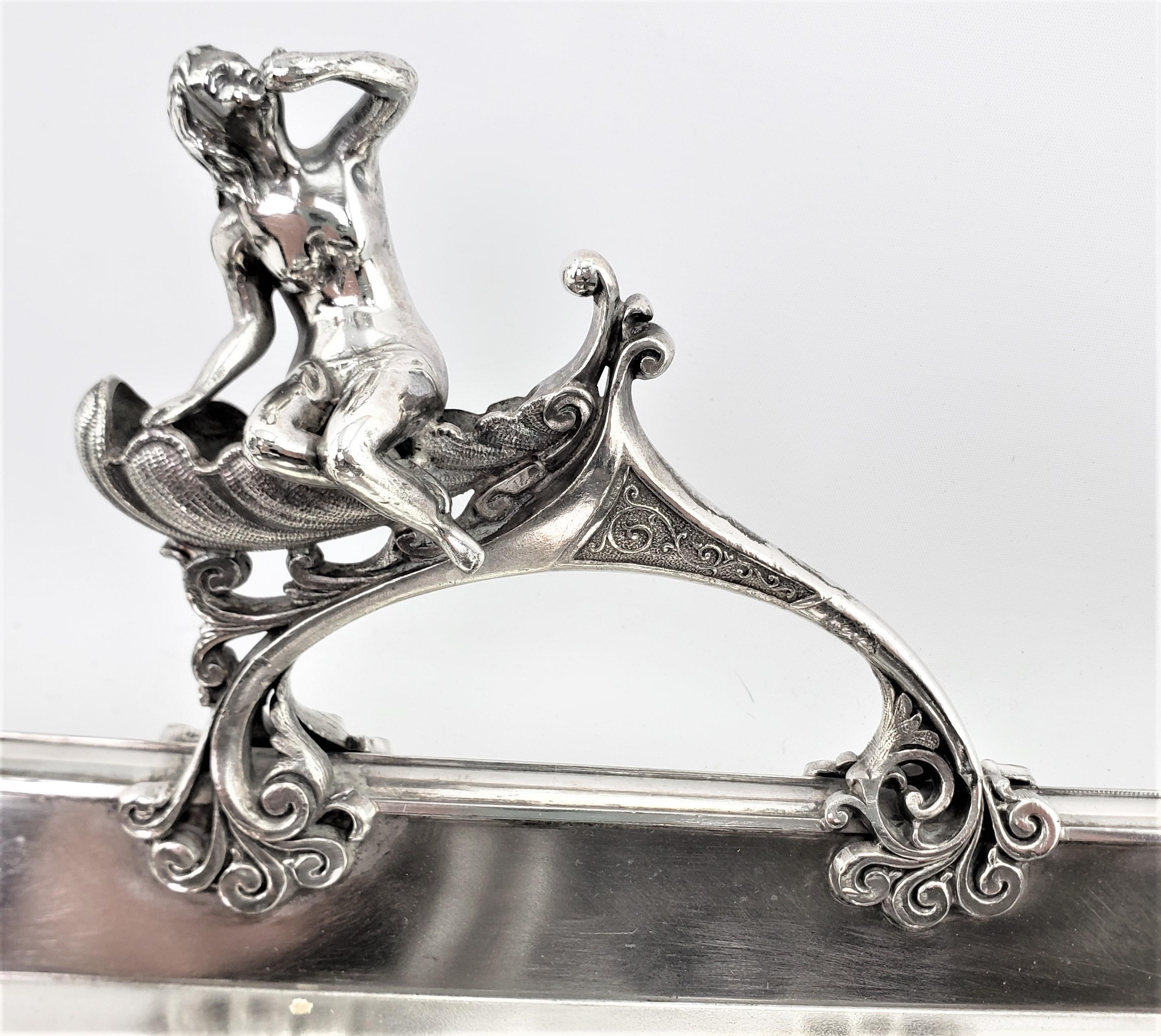 Antique Aesthetic Movement Silver Plated Serving Tray with Figural Siren Handles For Sale 2