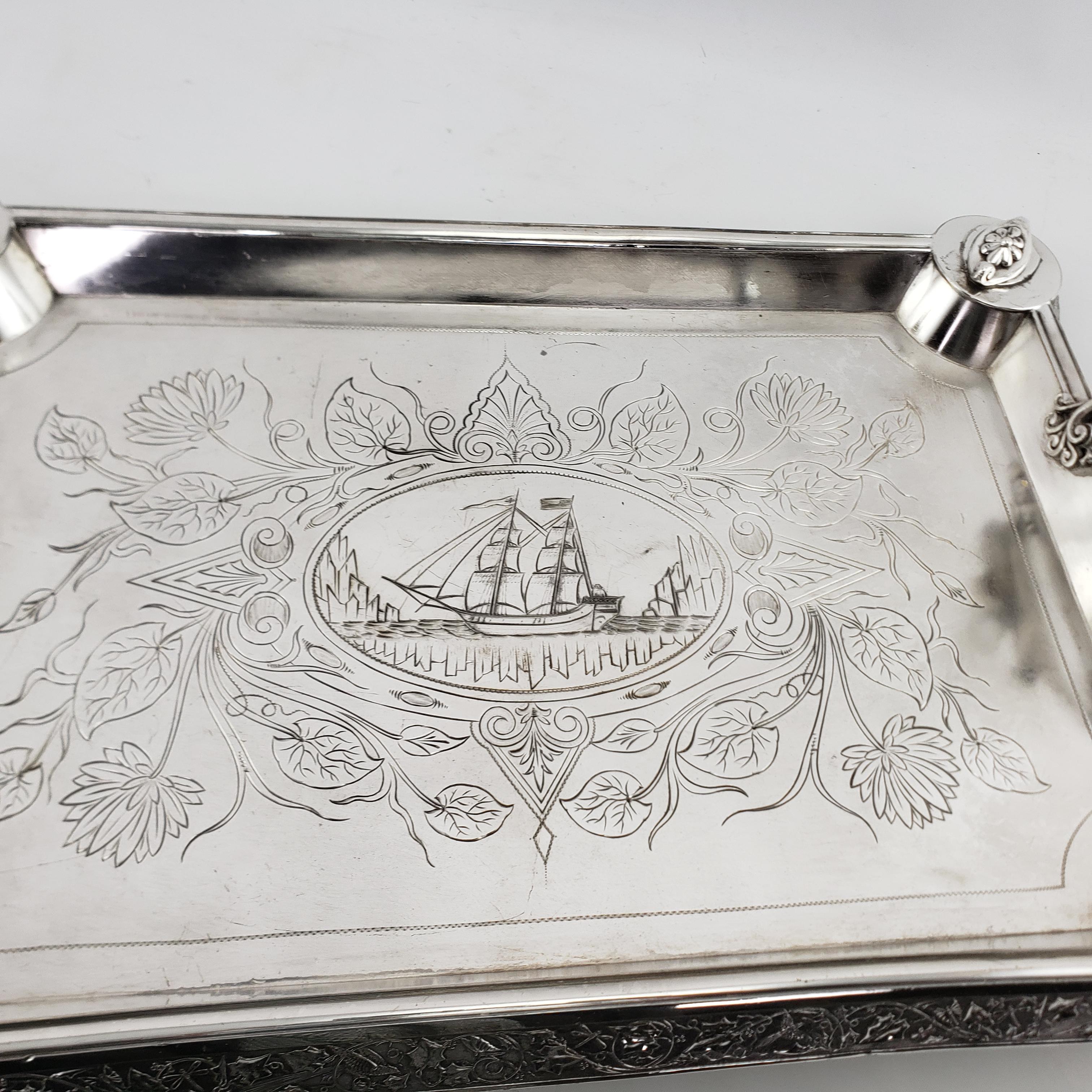 Antique Aesthetic Movement Silver Plated Serving Tray with Figural Siren Handles For Sale 4