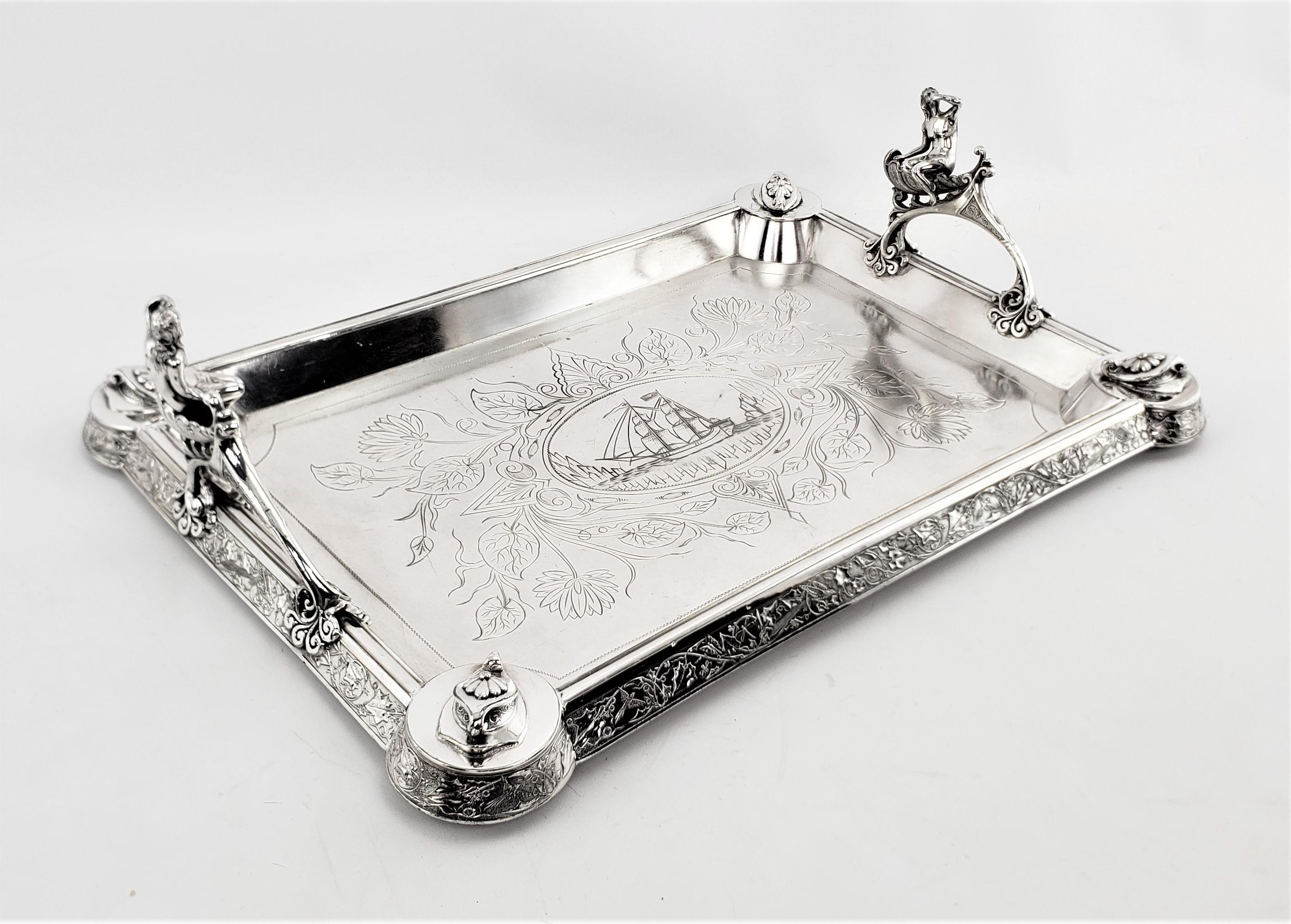 Antique Aesthetic Movement Silver Plated Serving Tray with Figural Siren Handles For Sale 9