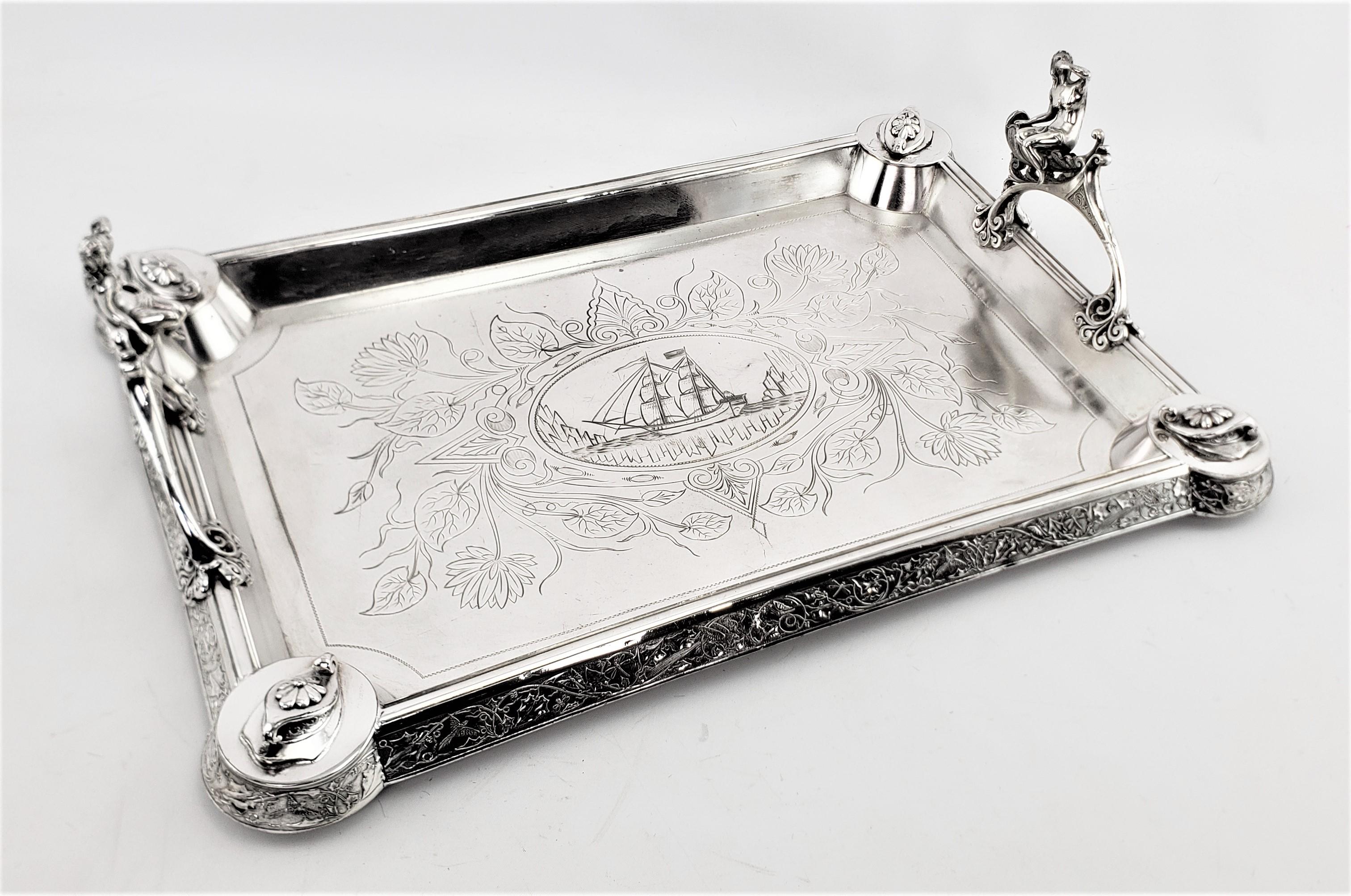 Antique Aesthetic Movement Silver Plated Serving Tray with Figural Siren Handles For Sale 10