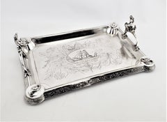Antique Aesthetic Movement Silver Plated Serving Tray with Figural Siren Handles
