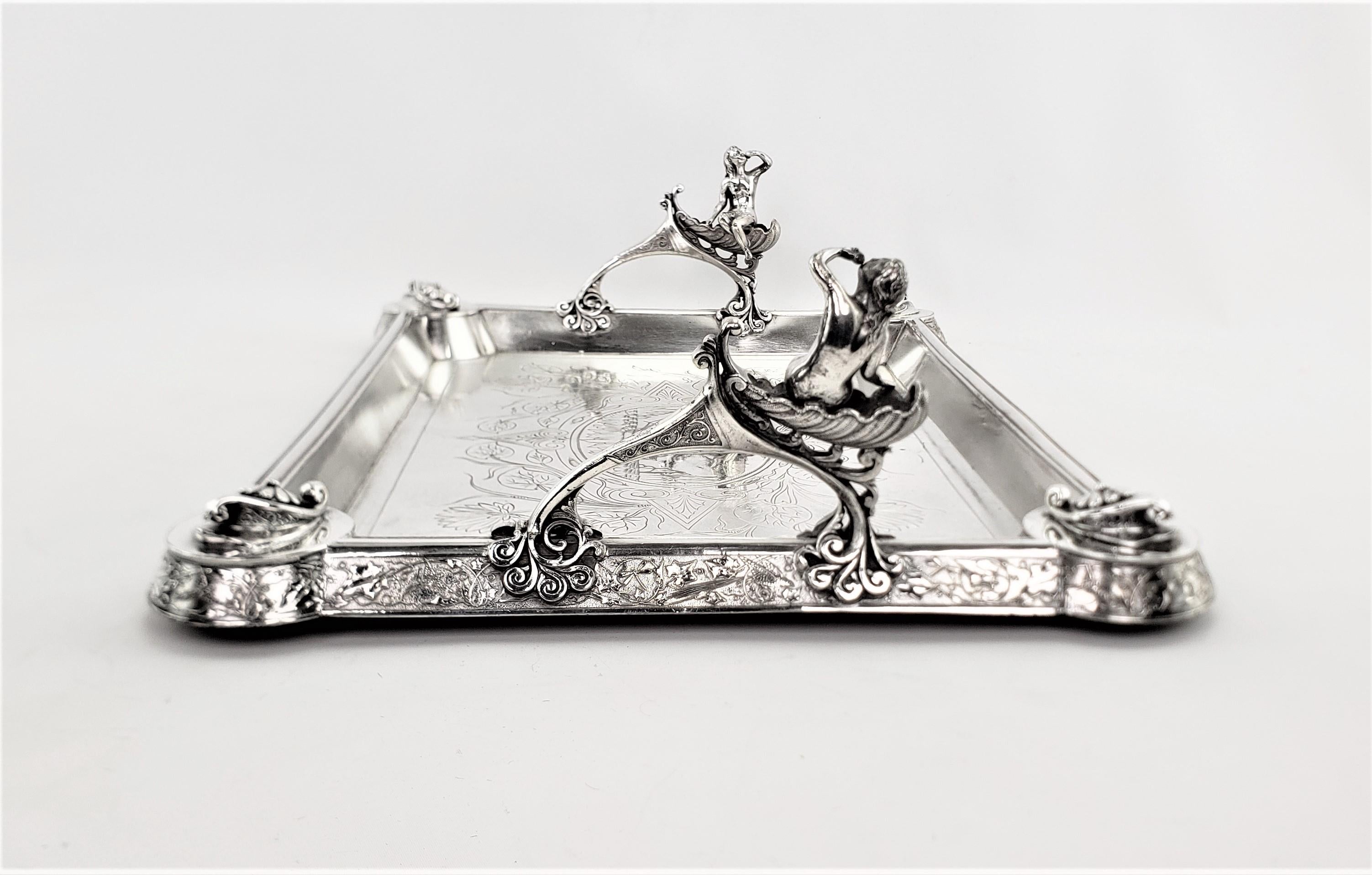 American Antique Aesthetic Movement Silver Plated Serving Tray with Figural Siren Handles For Sale