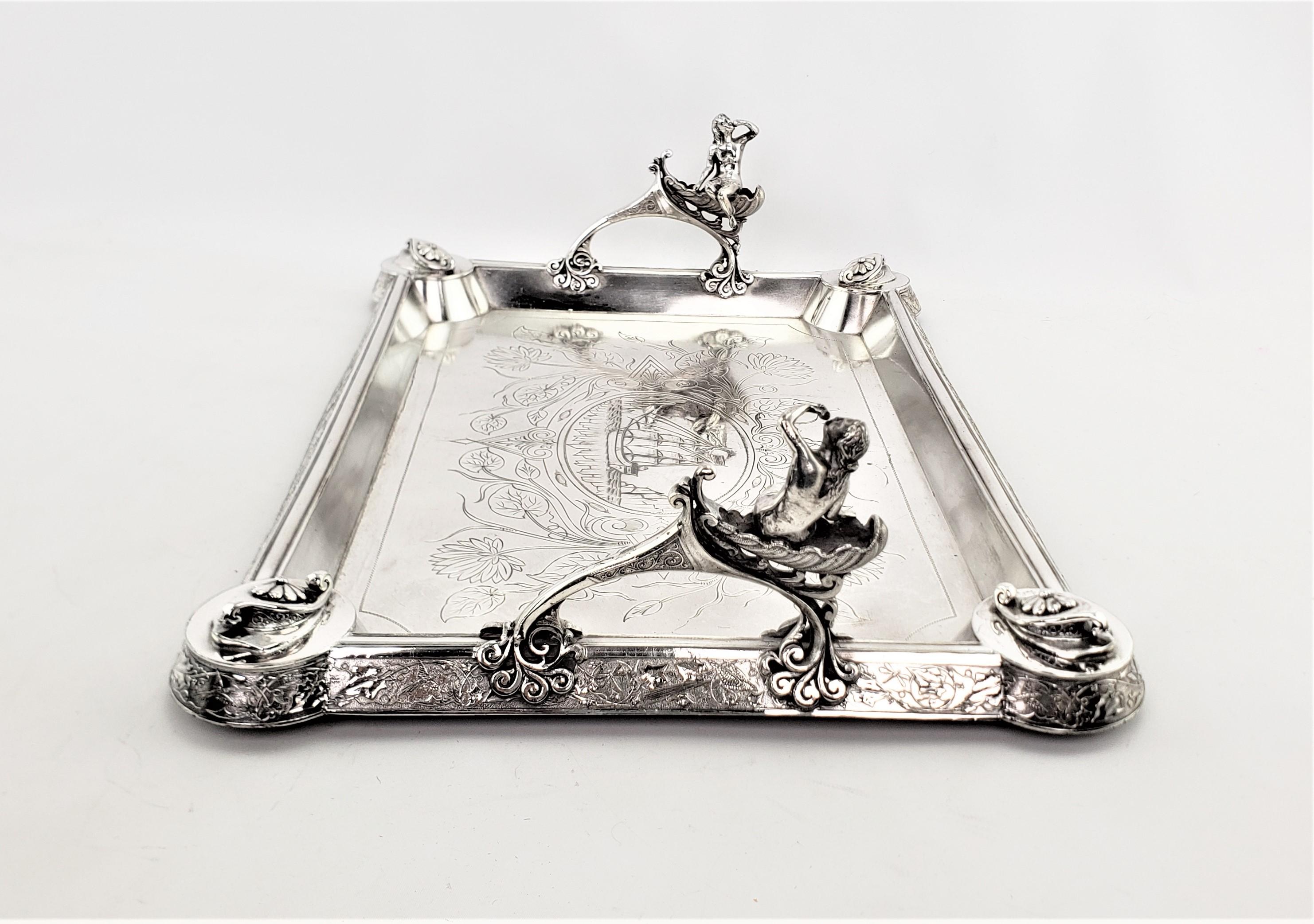 Machine-Made Antique Aesthetic Movement Silver Plated Serving Tray with Figural Siren Handles For Sale