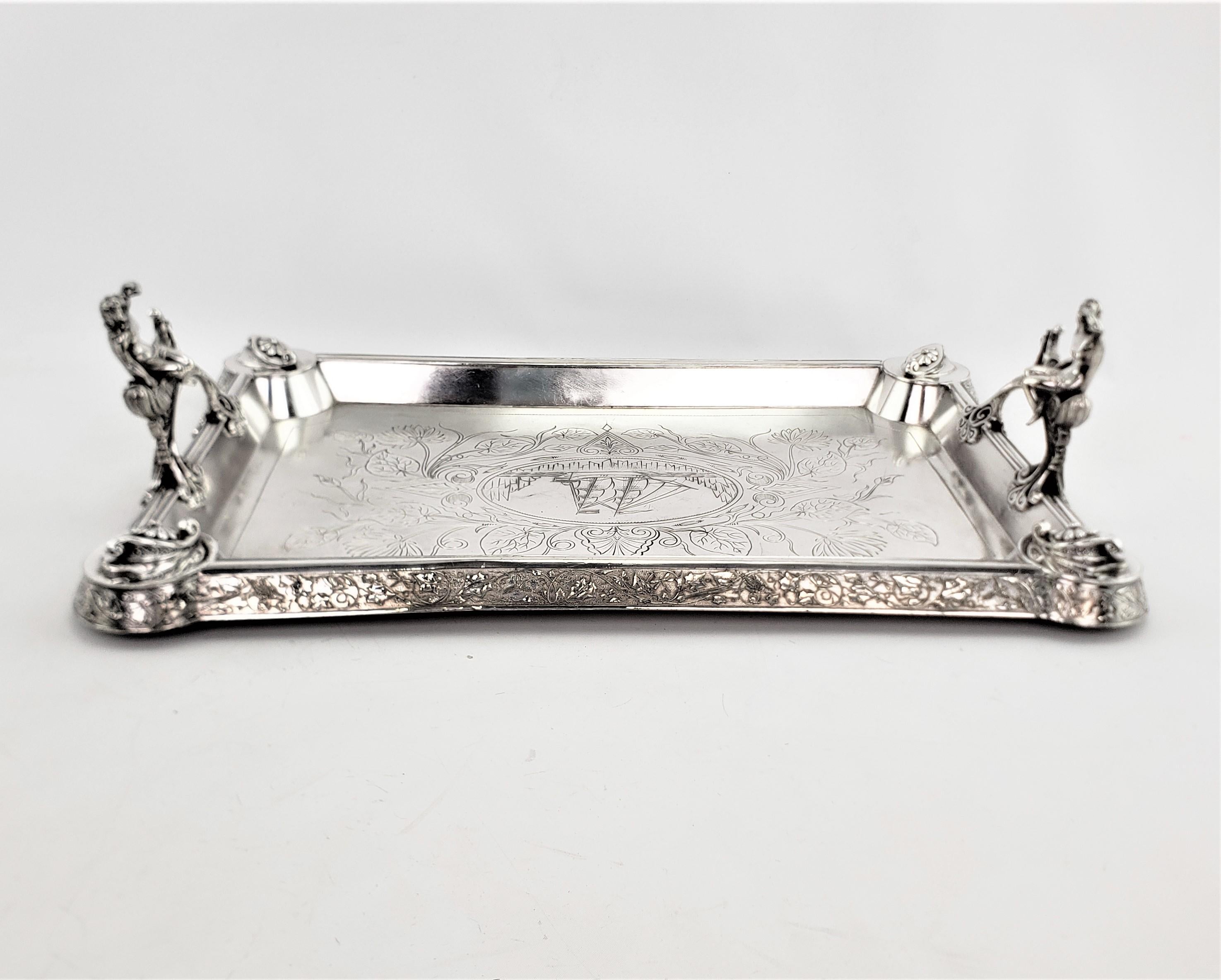 Antique Aesthetic Movement Silver Plated Serving Tray with Figural Siren Handles In Good Condition For Sale In Hamilton, Ontario