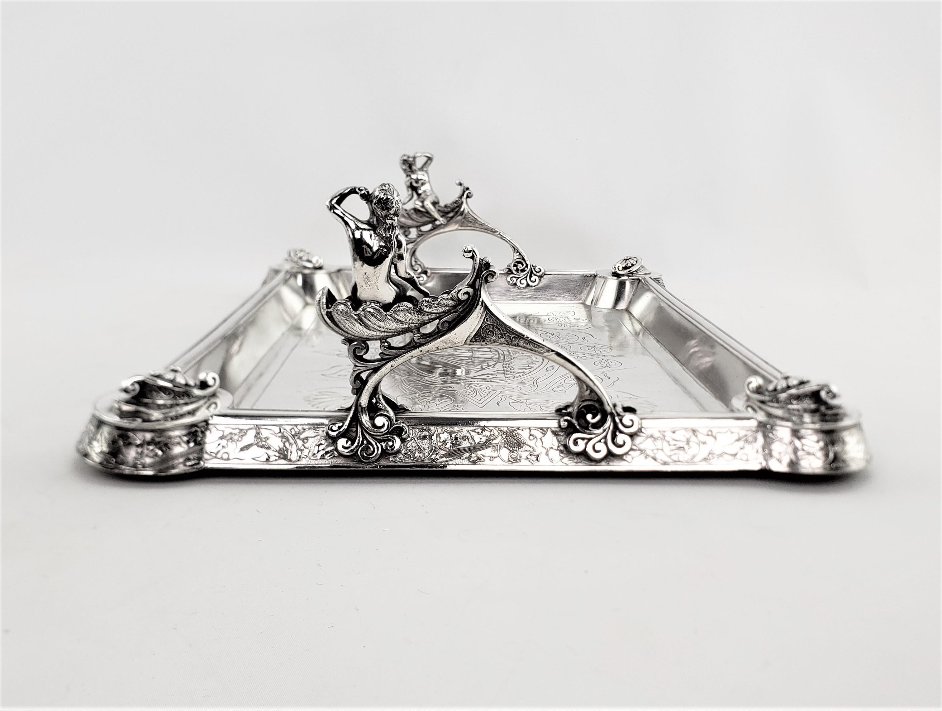 19th Century Antique Aesthetic Movement Silver Plated Serving Tray with Figural Siren Handles For Sale