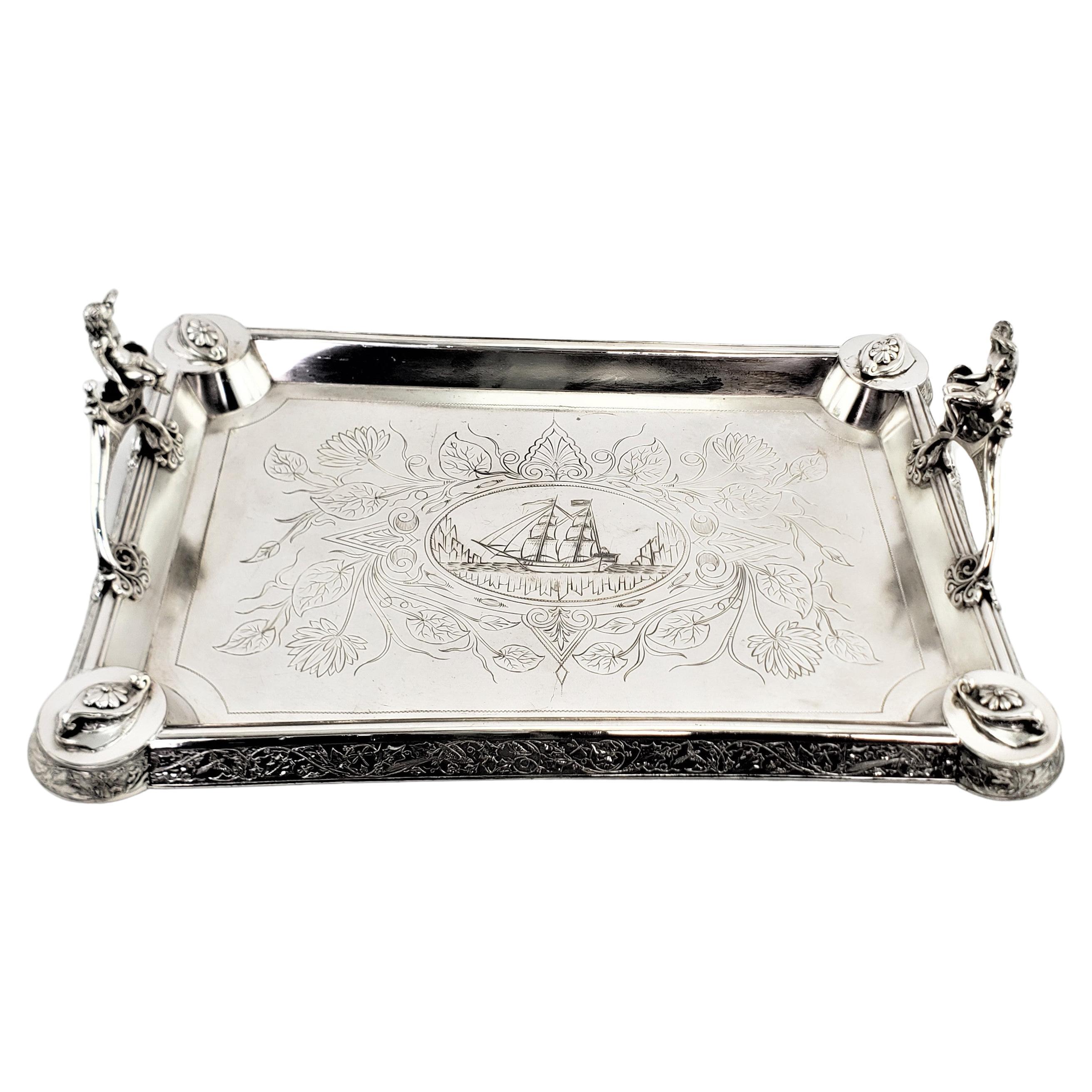 Antique Aesthetic Movement Silver Plated Serving Tray with Figural Siren Handles For Sale