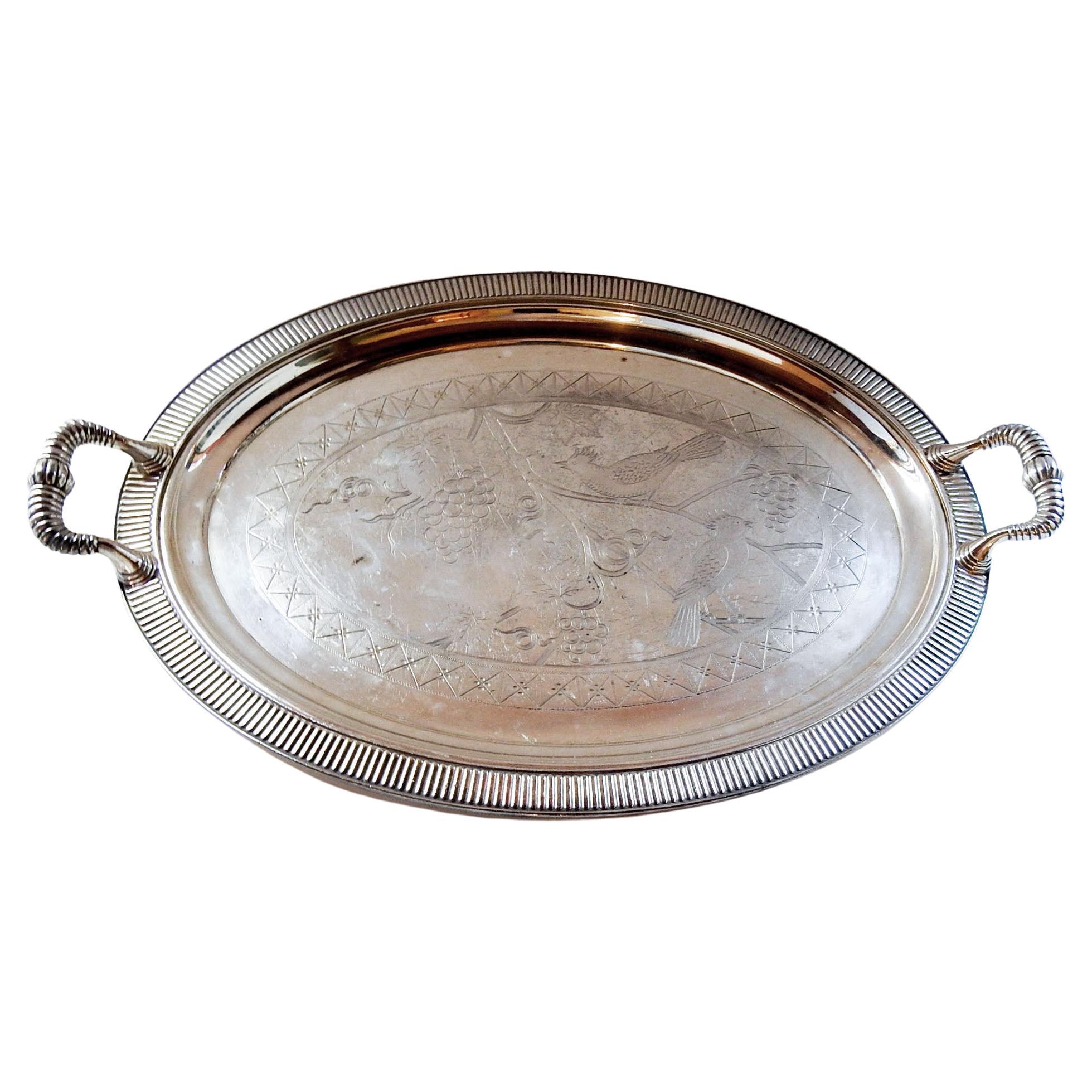 Antique Aesthetic Movement Silverplate Tray with Birds For Sale
