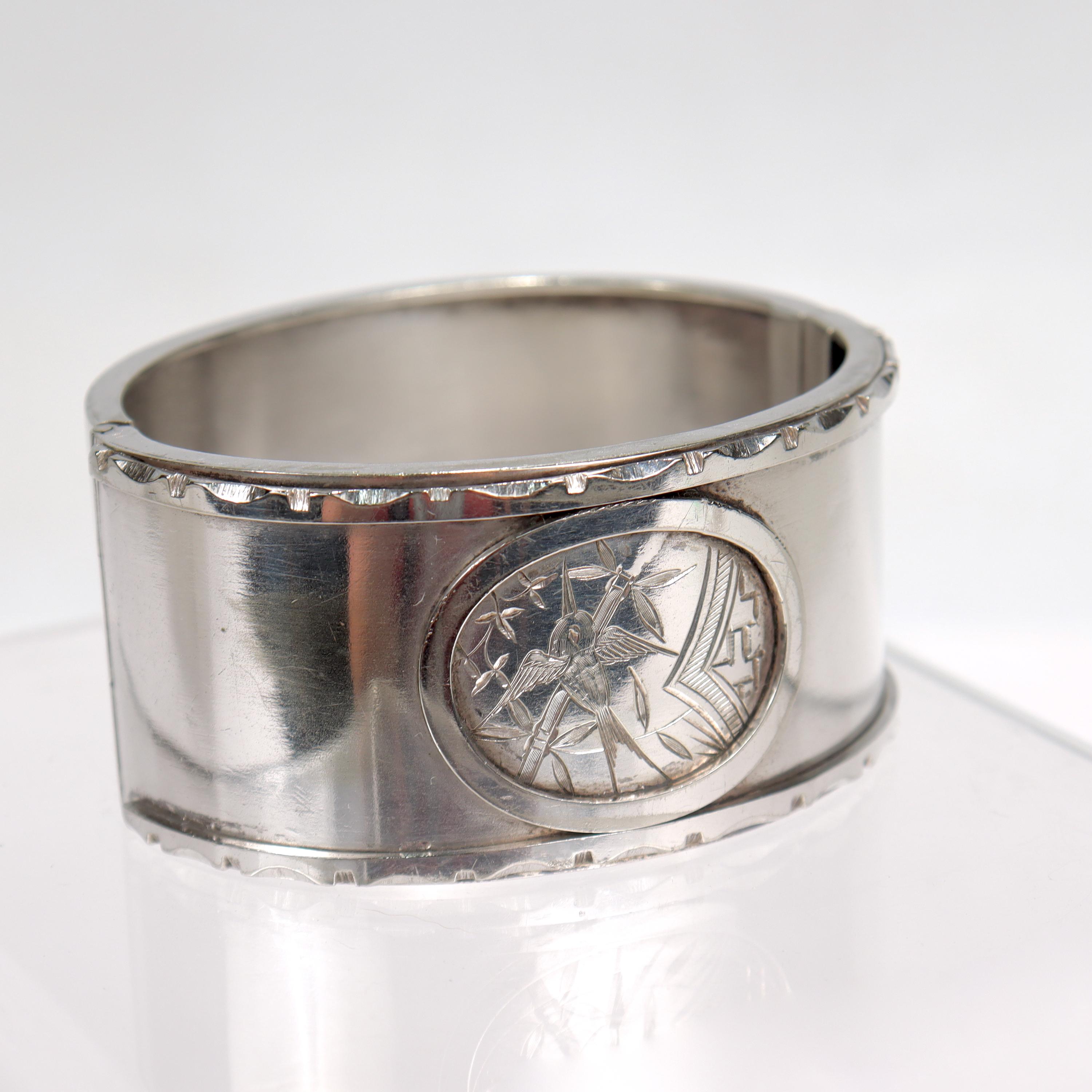Antique Aesthetic Movement Sterling Silver Bangle Bracelet with an Etched Bird For Sale 3