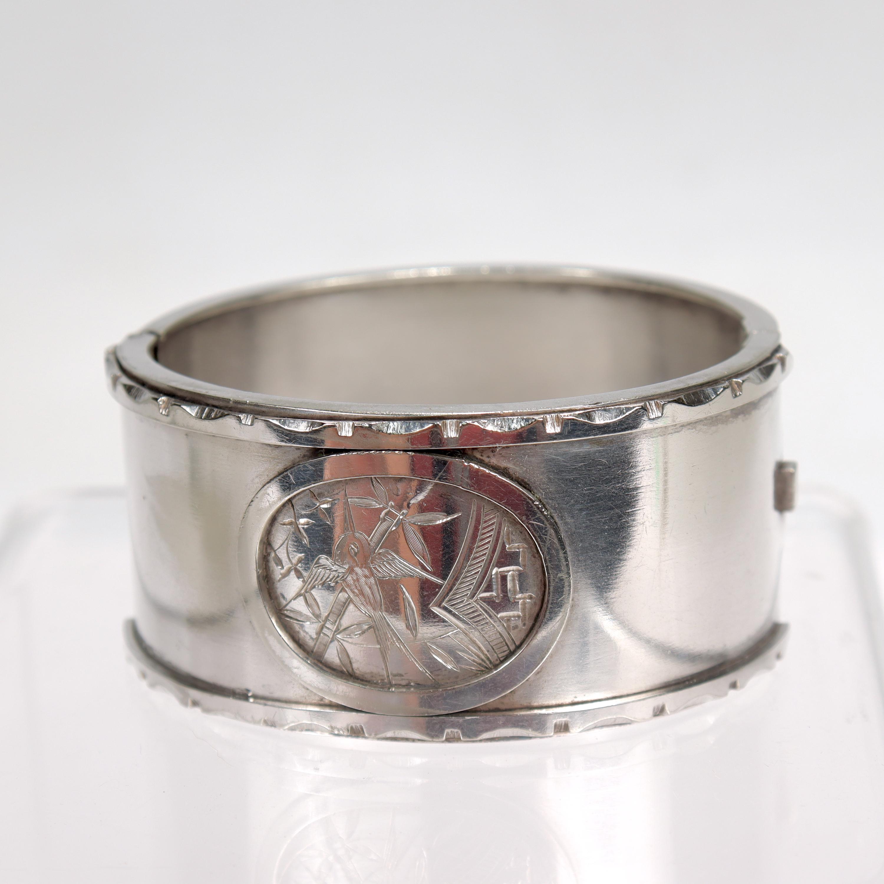 Antique Aesthetic Movement Sterling Silver Bangle Bracelet with an Etched Bird For Sale 4