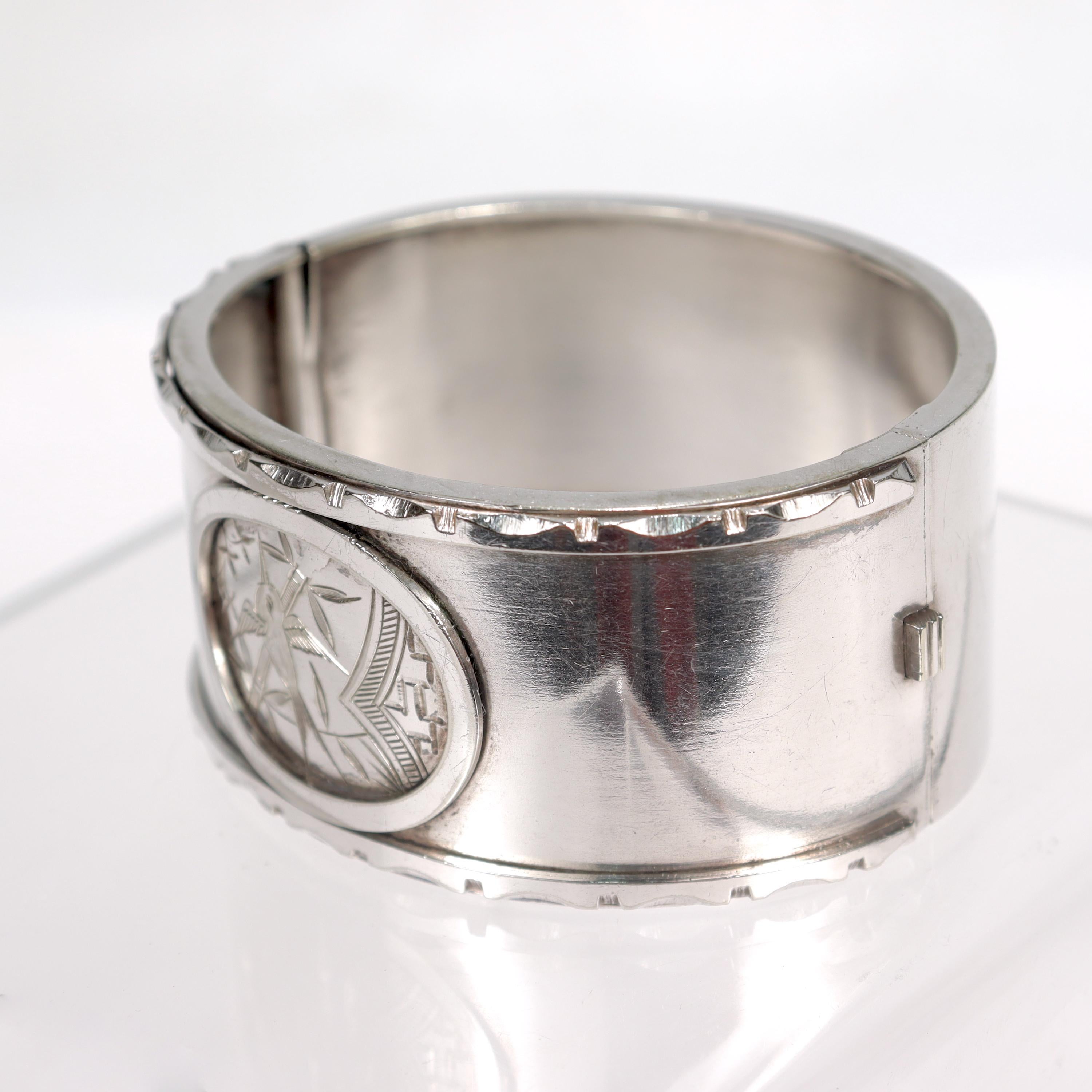 Antique Aesthetic Movement Sterling Silver Bangle Bracelet with an Etched Bird In Good Condition For Sale In Philadelphia, PA