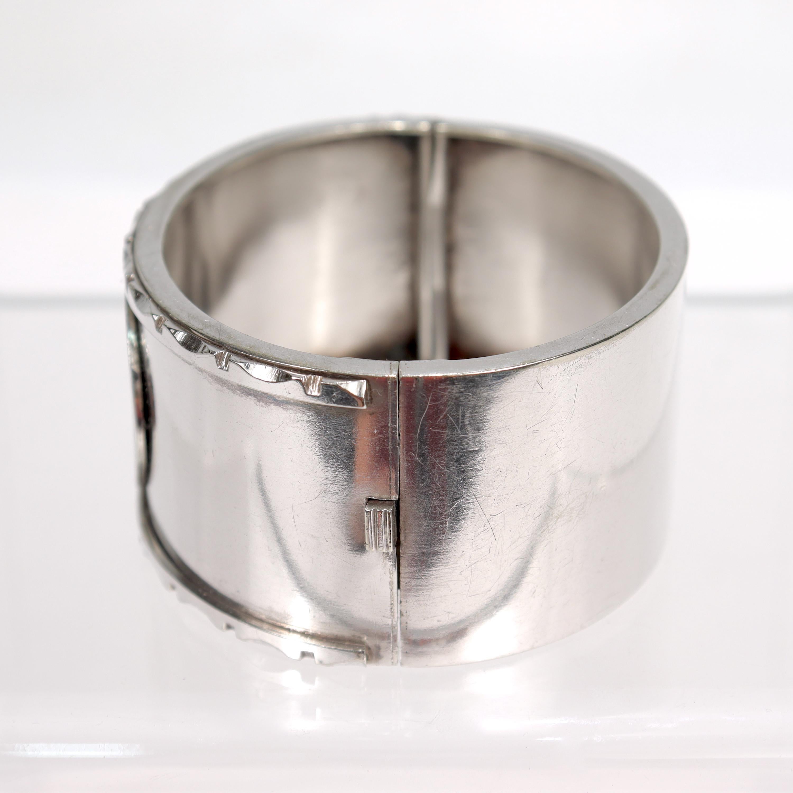 Women's Antique Aesthetic Movement Sterling Silver Bangle Bracelet with an Etched Bird For Sale