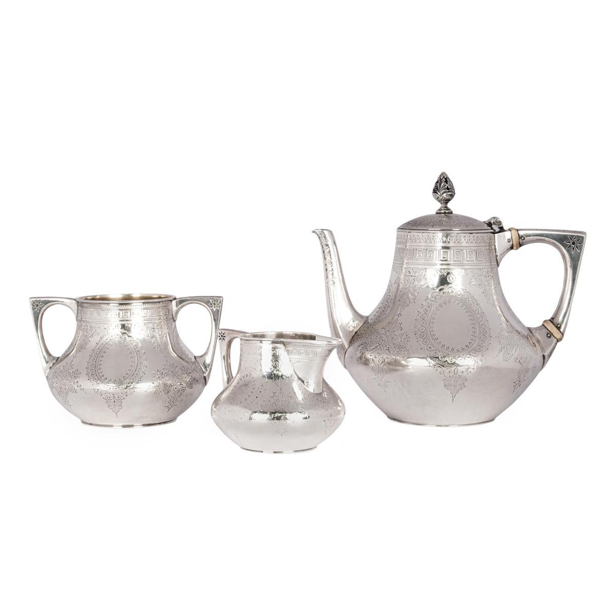 English Antique Aesthetic Movement Sterling Silver Tea Set Barnard Brothers London 1878 For Sale