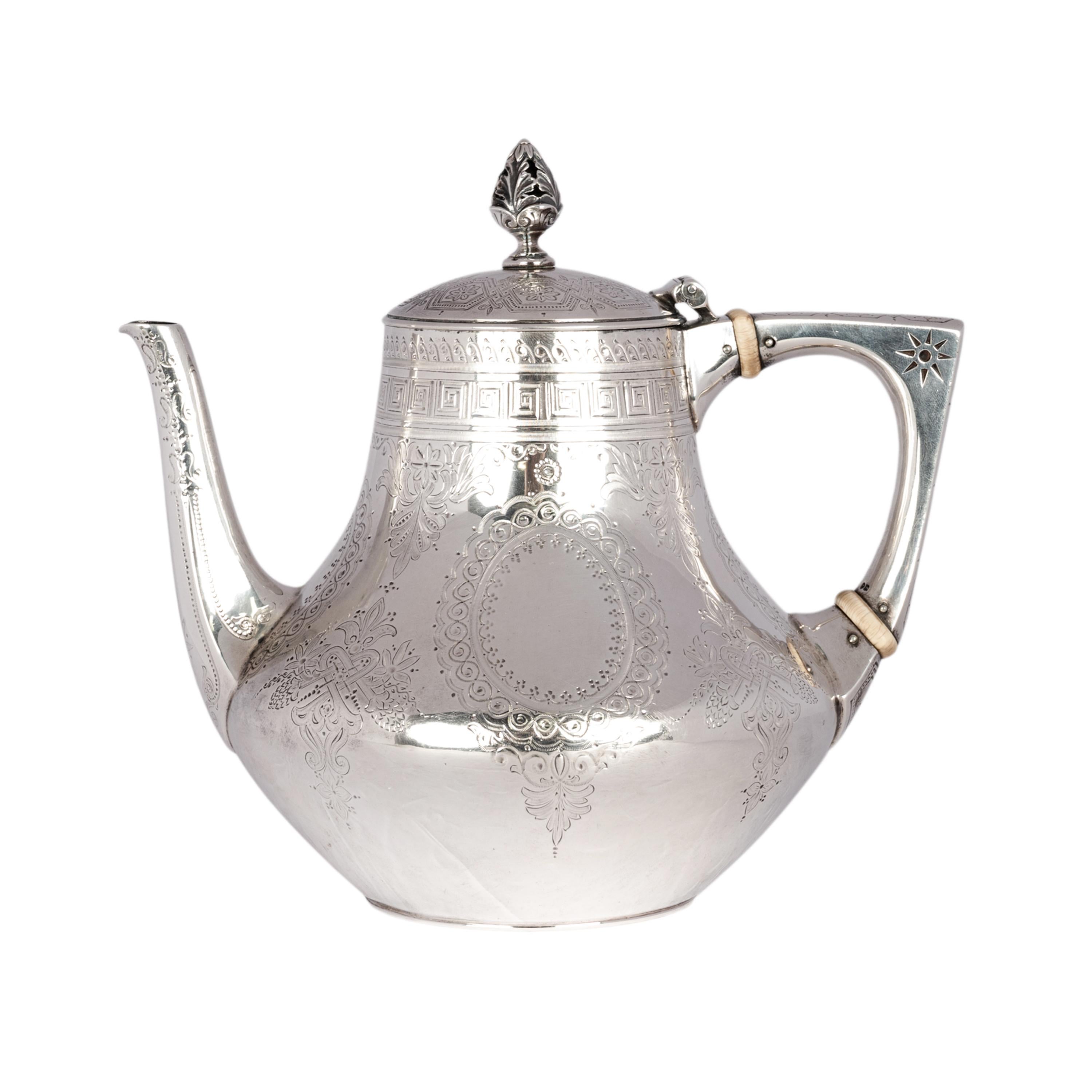 Gilt Antique Aesthetic Movement Sterling Silver Tea Set Barnard Brothers London 1878 For Sale
