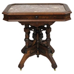Antique Aesthetic Movement Victorian Carved Walnut Marble Top Parlor Side Table