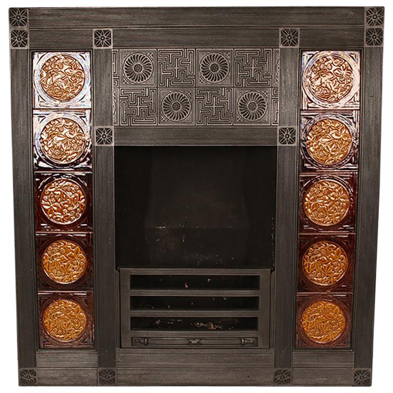 Antique Aesthetic Movement Victorian Tiled Cast Iron Fireplace Insert For Sale