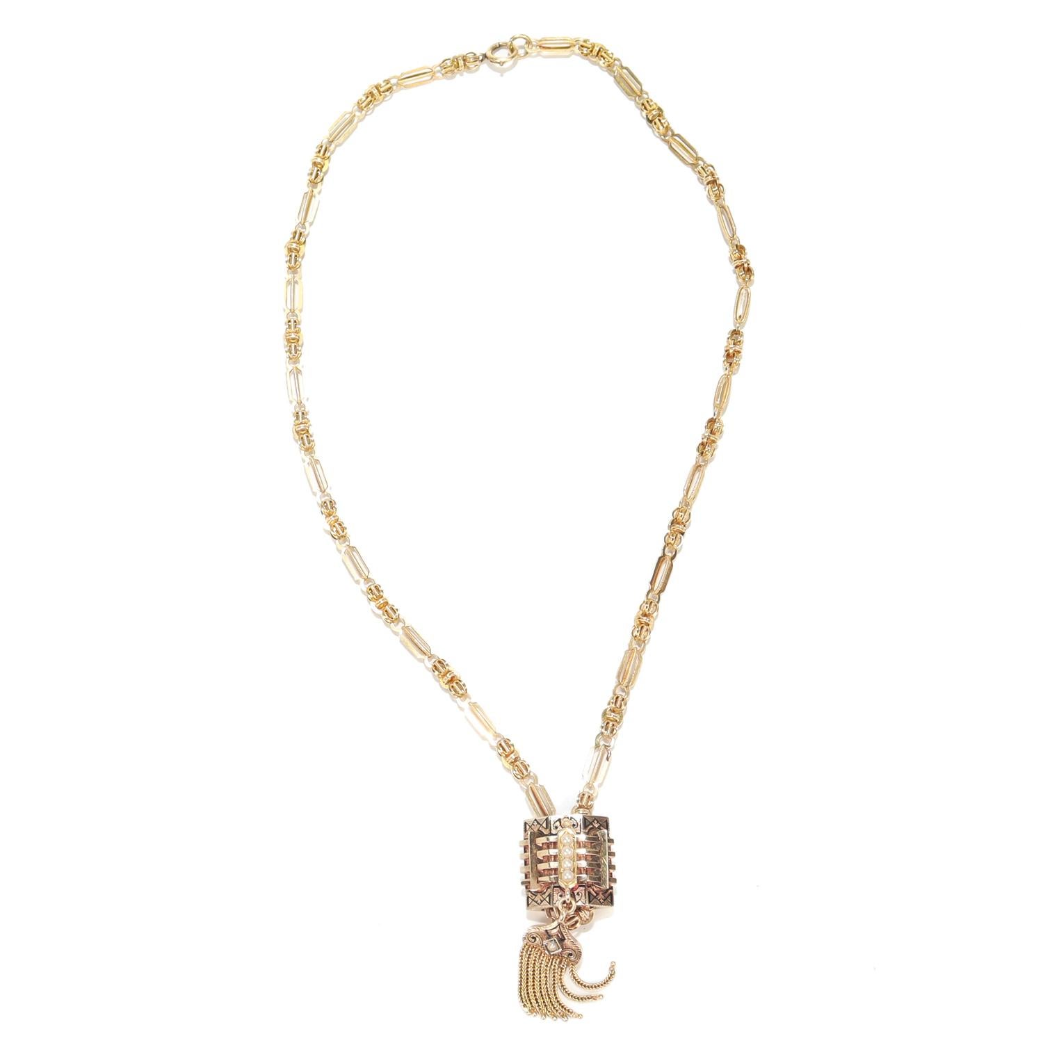 Antique Aesthetic Period 14K Yellow Gold, Enamel, & Pearl Slide Necklace For Sale 5