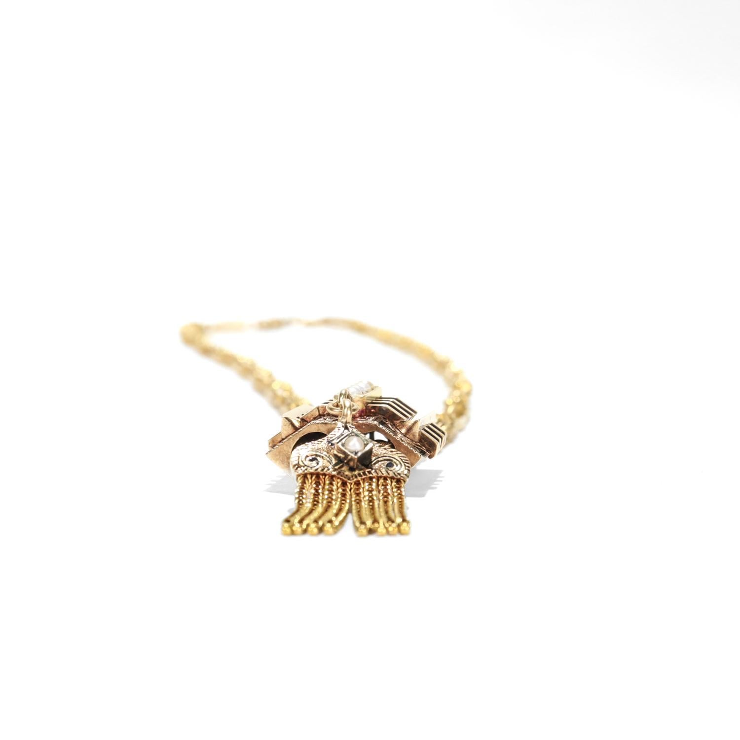 Antique Aesthetic Period 14K Yellow Gold, Enamel, & Pearl Slide Necklace For Sale 7