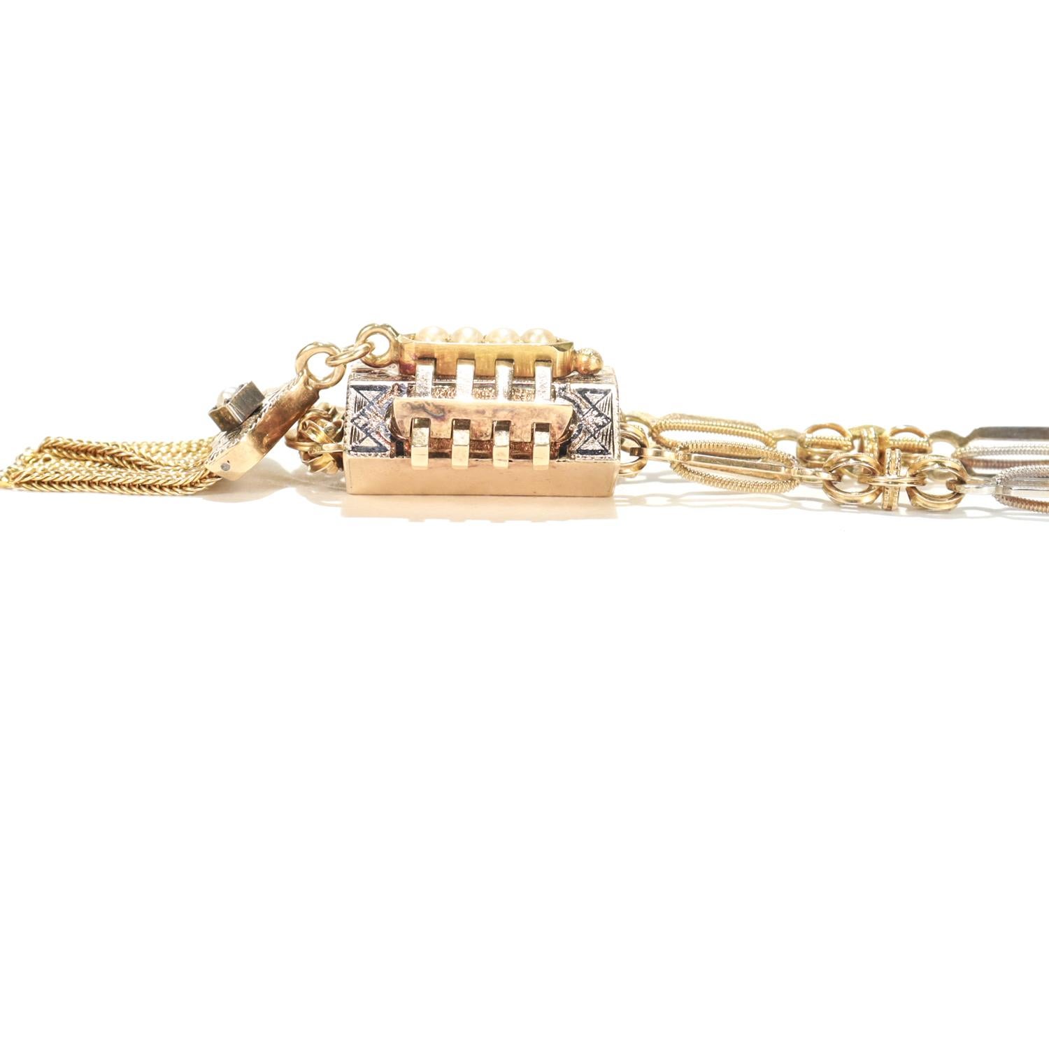 Antique Aesthetic Period 14K Yellow Gold, Enamel, & Pearl Slide Necklace For Sale 8