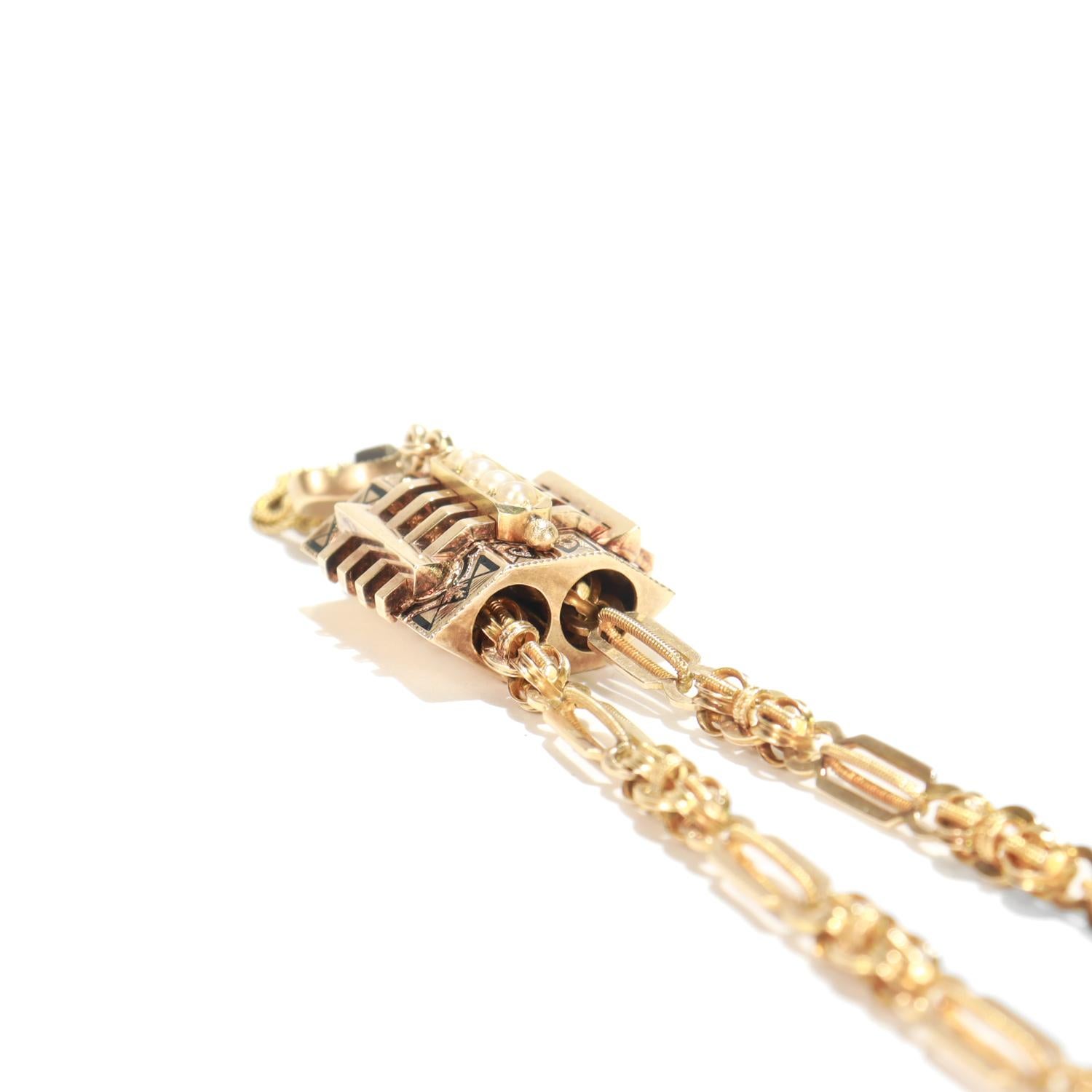 Antique Aesthetic Period 14K Yellow Gold, Enamel, & Pearl Slide Necklace For Sale 9