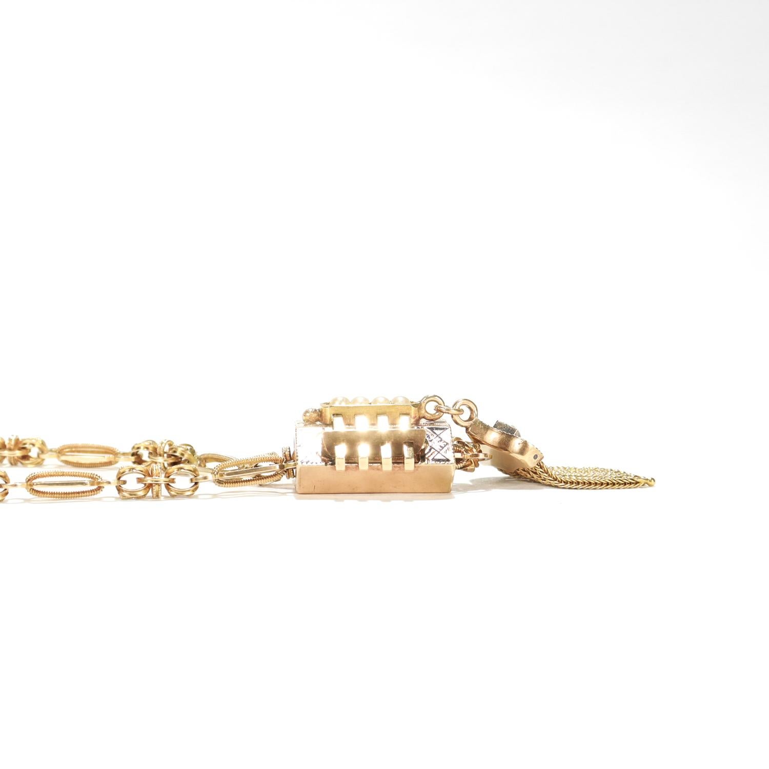 Antique Aesthetic Period 14K Yellow Gold, Enamel, & Pearl Slide Necklace For Sale 10