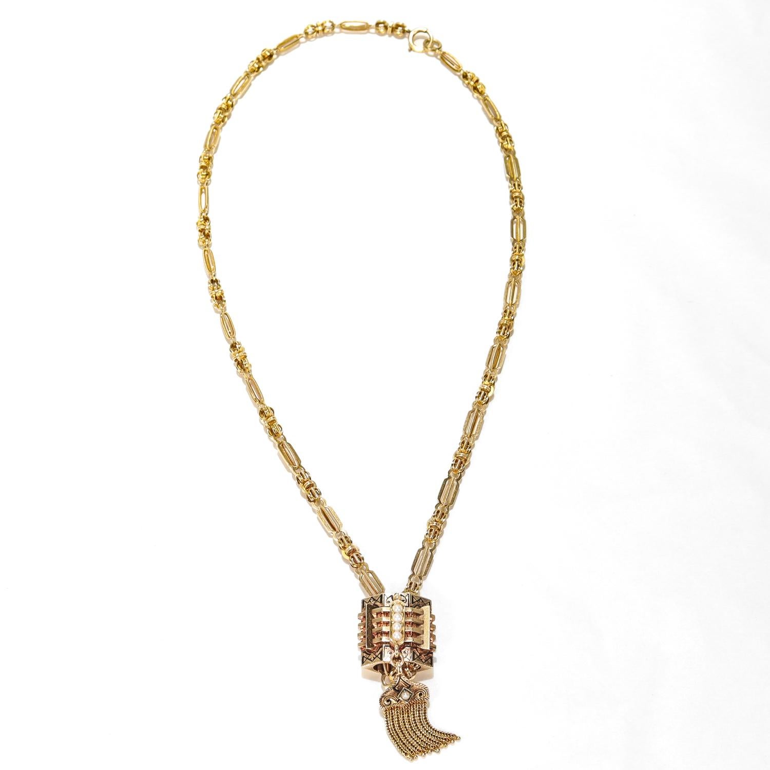 Aesthetic Movement Antique Aesthetic Period 14K Yellow Gold, Enamel, & Pearl Slide Necklace For Sale