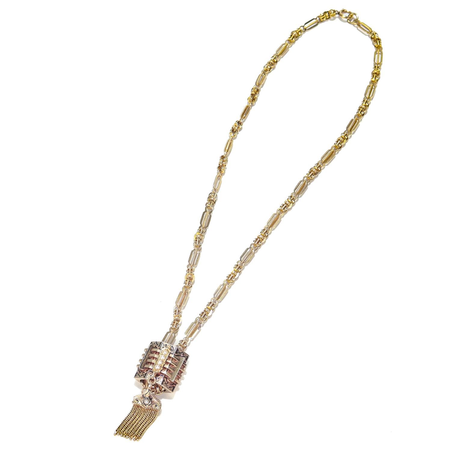 Round Cut Antique Aesthetic Period 14K Yellow Gold, Enamel, & Pearl Slide Necklace For Sale