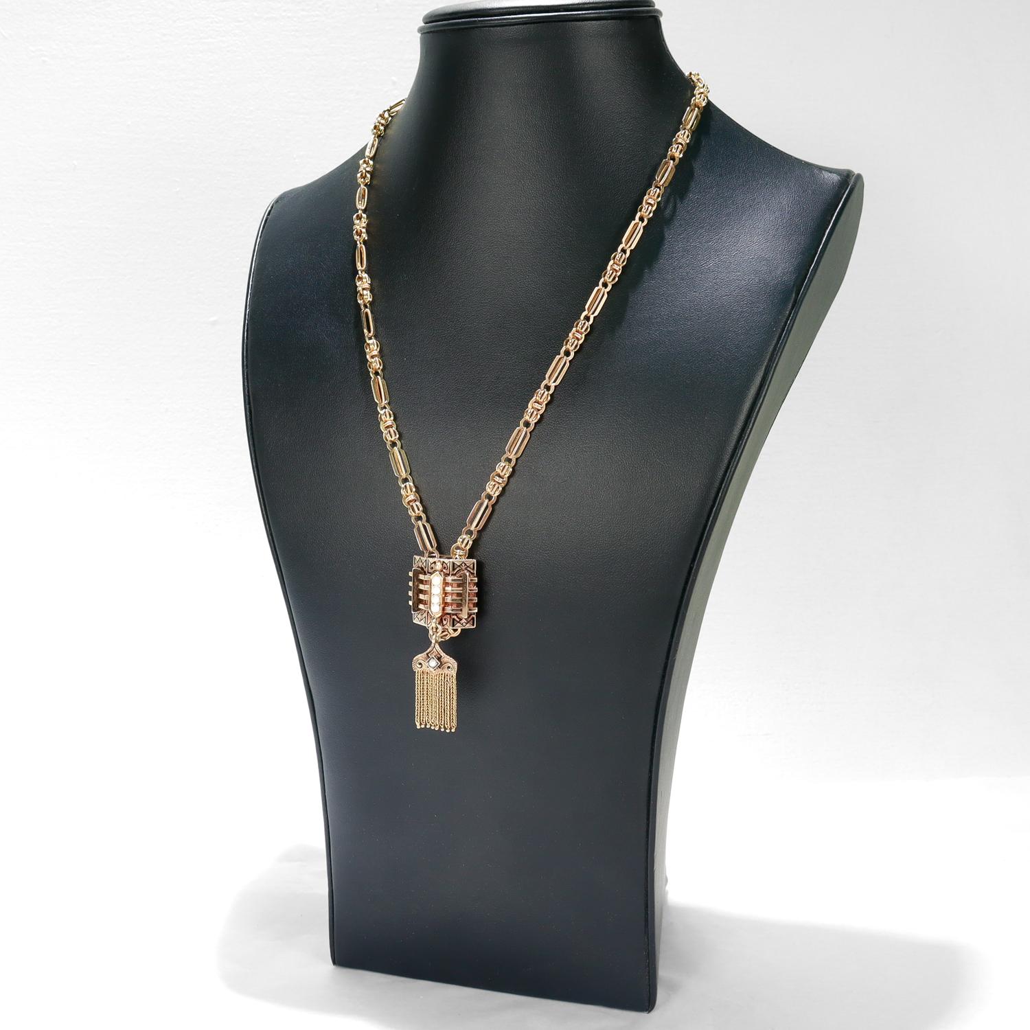 Women's Antique Aesthetic Period 14K Yellow Gold, Enamel, & Pearl Slide Necklace For Sale