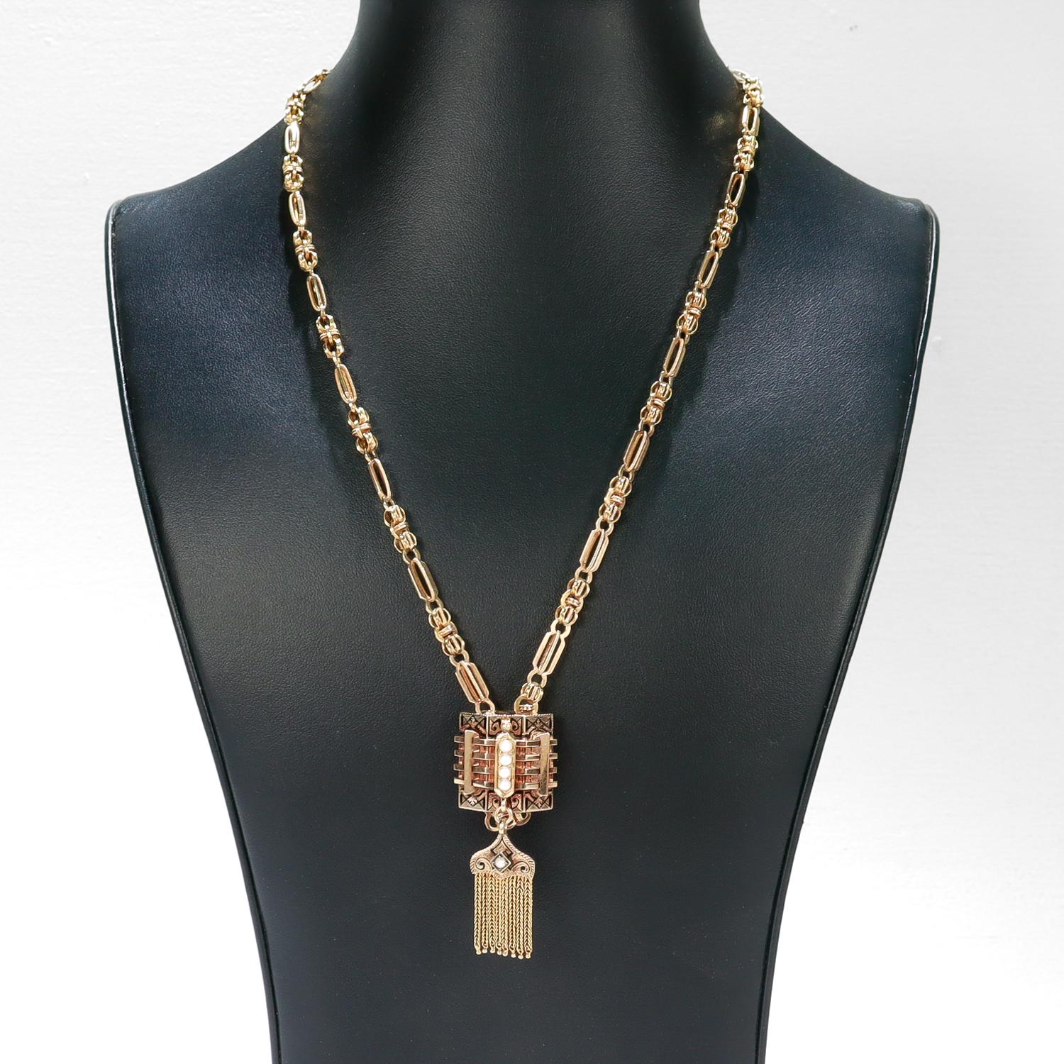 Antique Aesthetic Period 14K Yellow Gold, Enamel, & Pearl Slide Necklace For Sale 1
