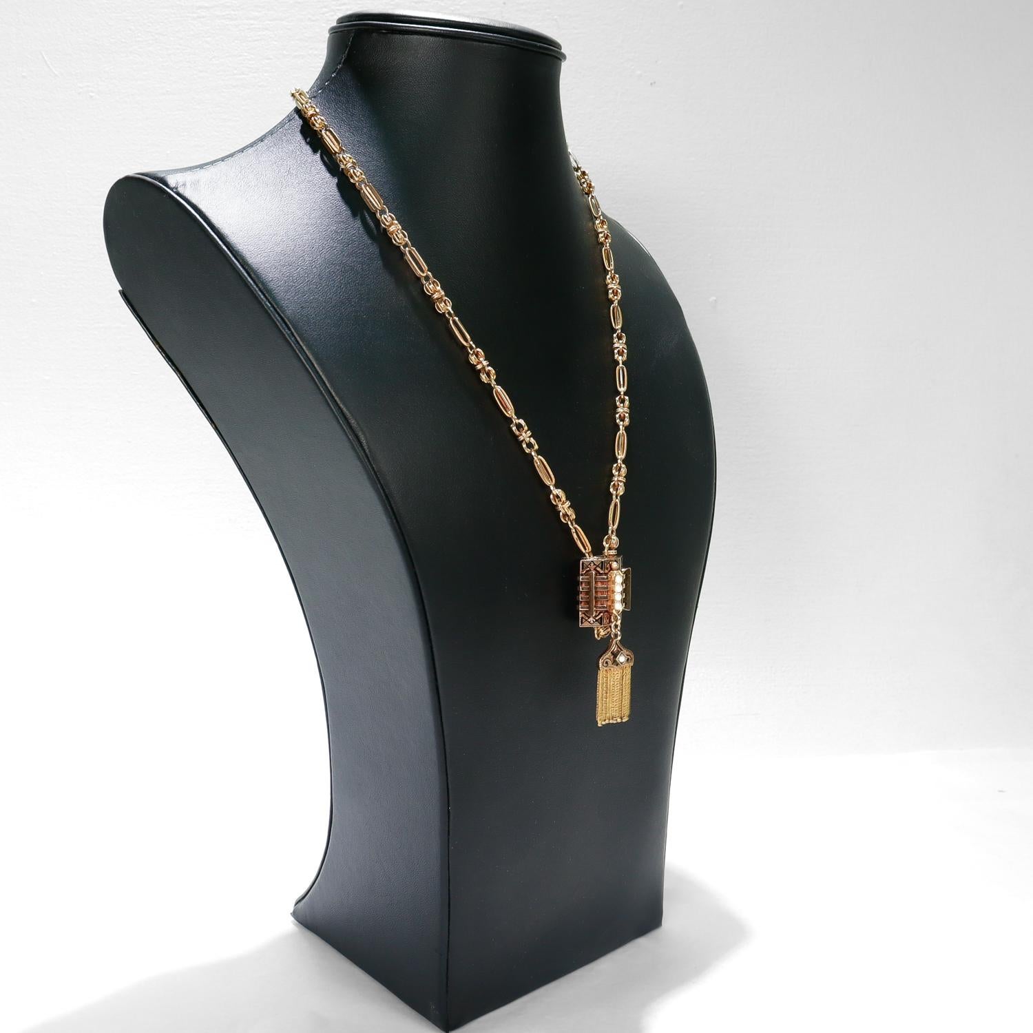 Antique Aesthetic Period 14K Yellow Gold, Enamel, & Pearl Slide Necklace For Sale 2
