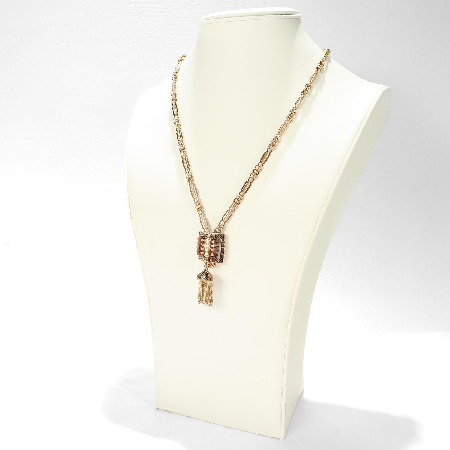 Antique Aesthetic Period 14K Yellow Gold, Enamel, & Pearl Slide Necklace For Sale 3