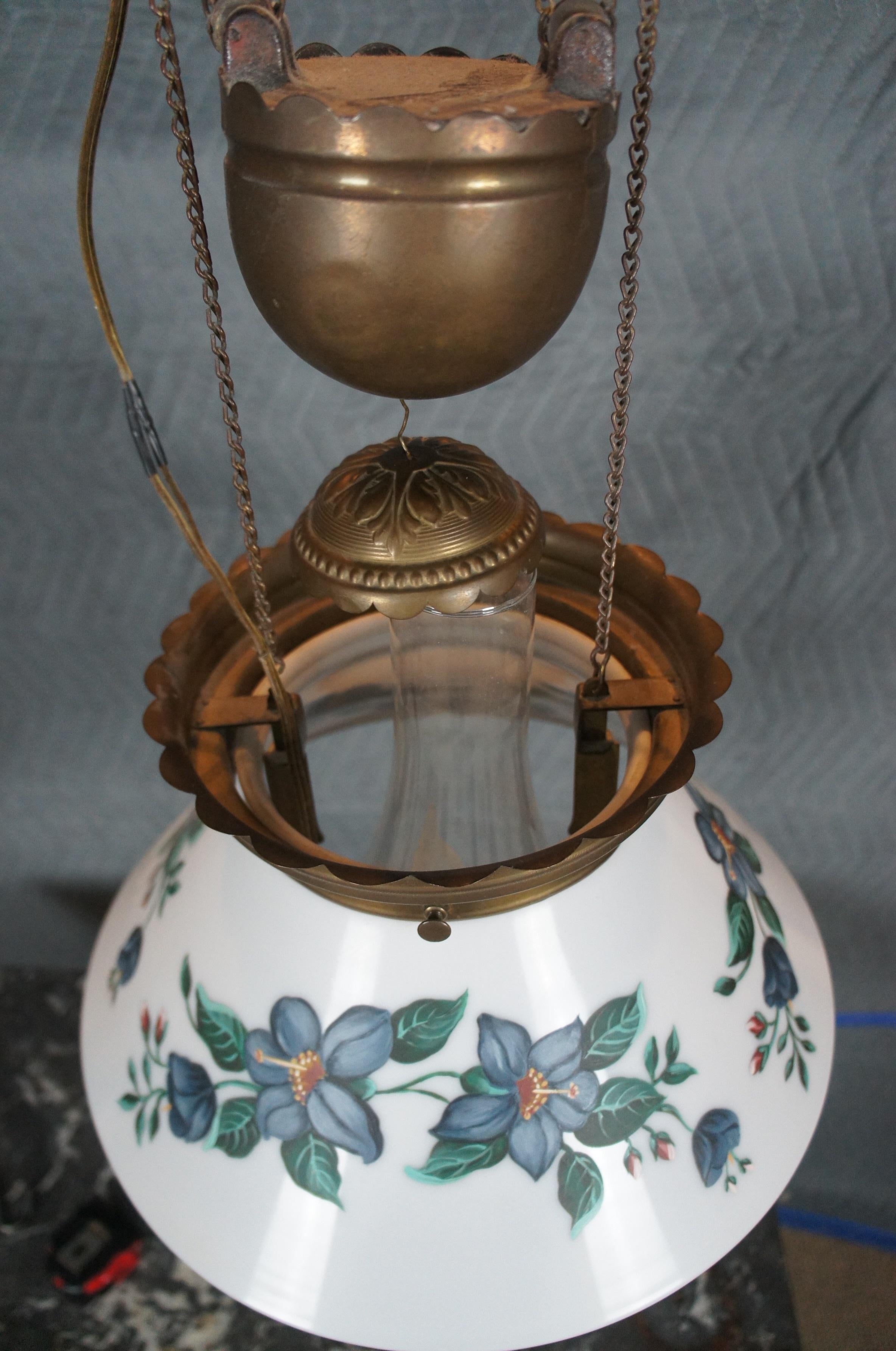 Milk Glass Antique Aesthetic Period Hurricane Parlor Oil Lamp Pendant Light Chandelier For Sale