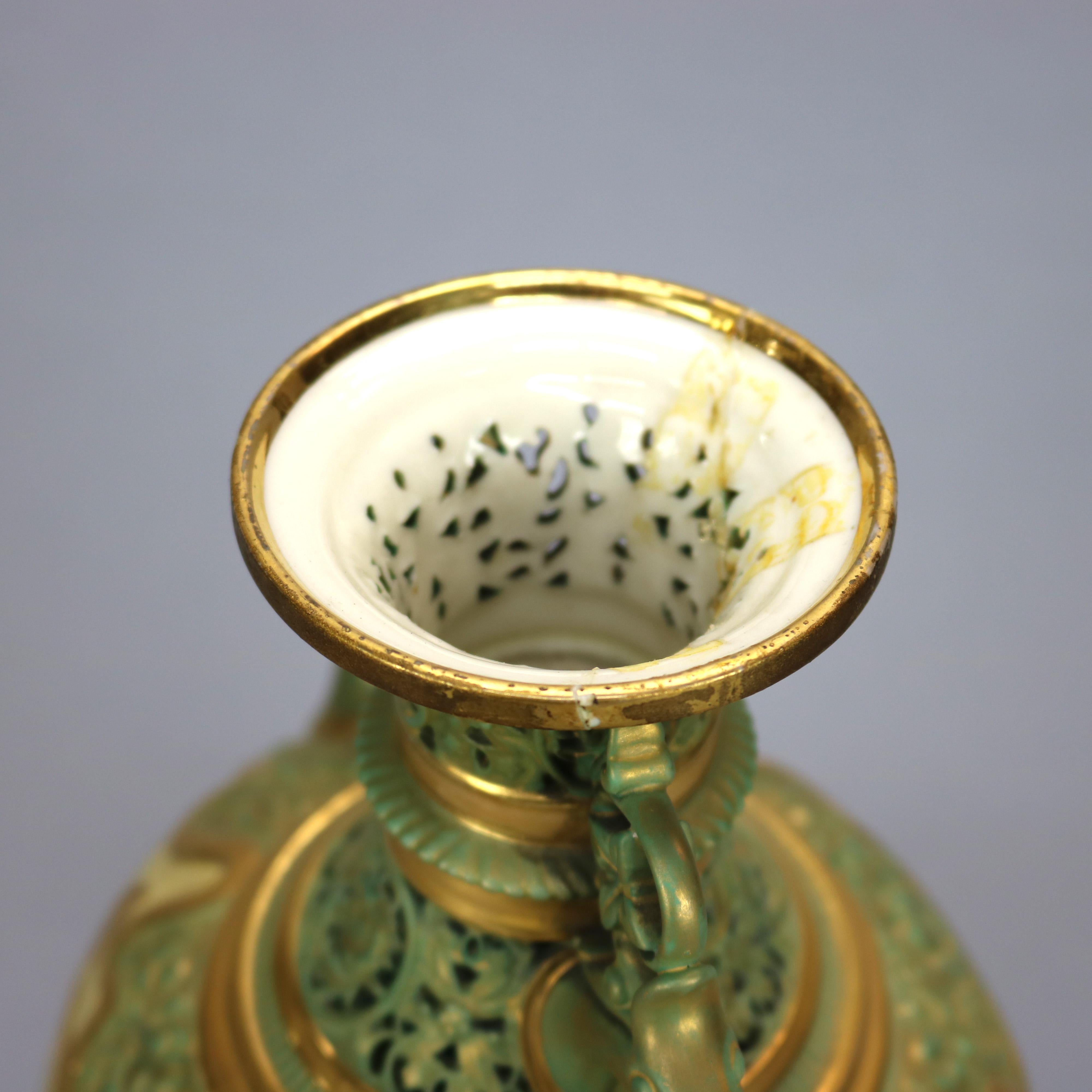 English Antique Aesthetic Royal Worcester Reticulated Porcelain Urn 'as found', c1890