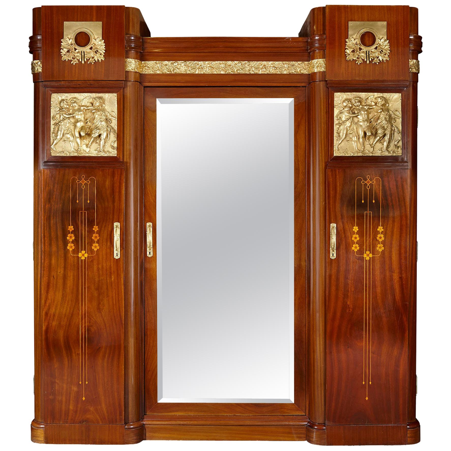 Antique Aesthetic Style Marquetry and Gilt Bronze Wardrobe with Mirror For Sale