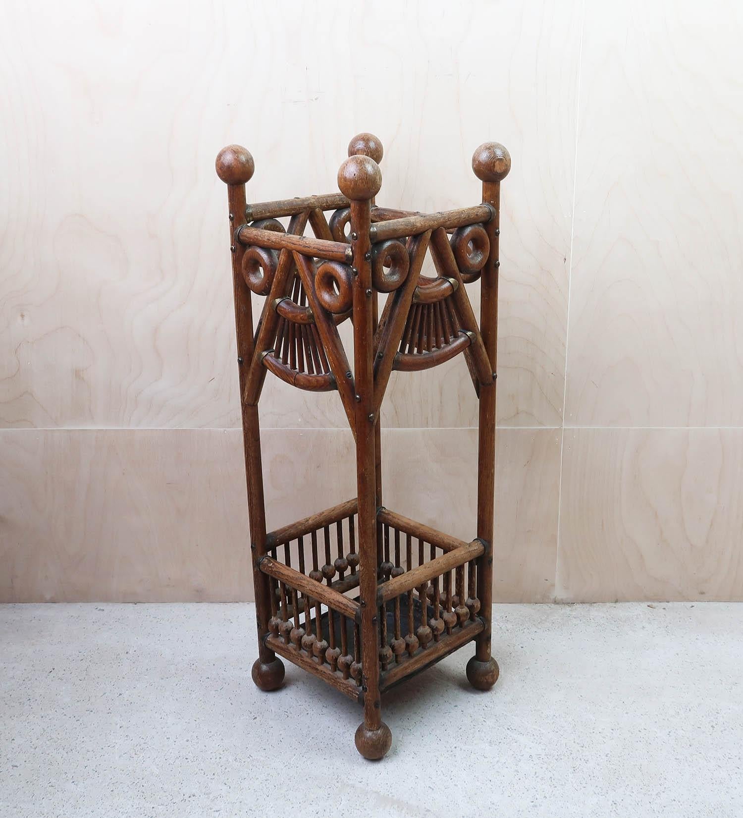 English Antique Aesthetic Style Oak and Brass Umbrella Stand. C.1900 For Sale