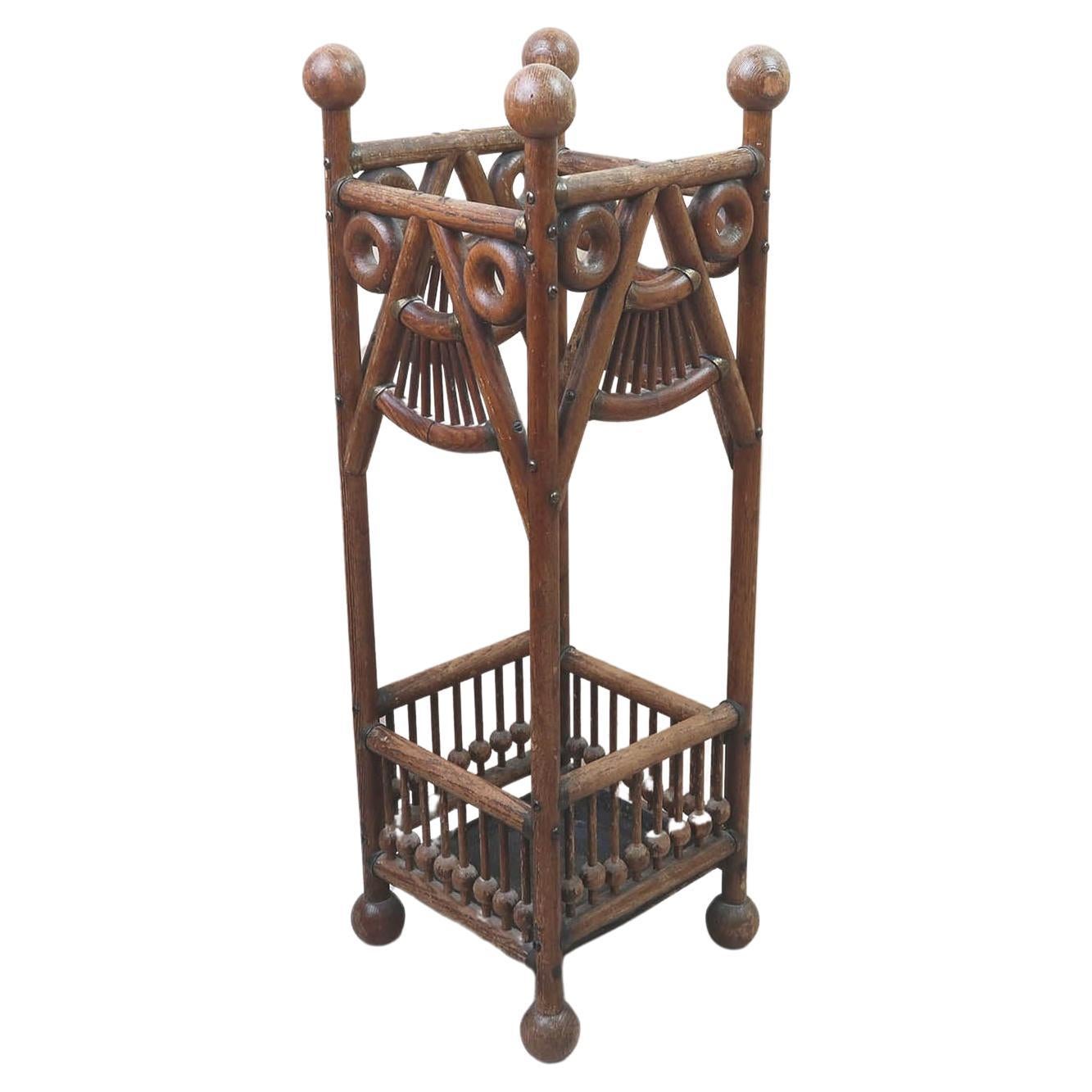 Antique Aesthetic Style Oak and Brass Umbrella Stand. C.1900 For Sale