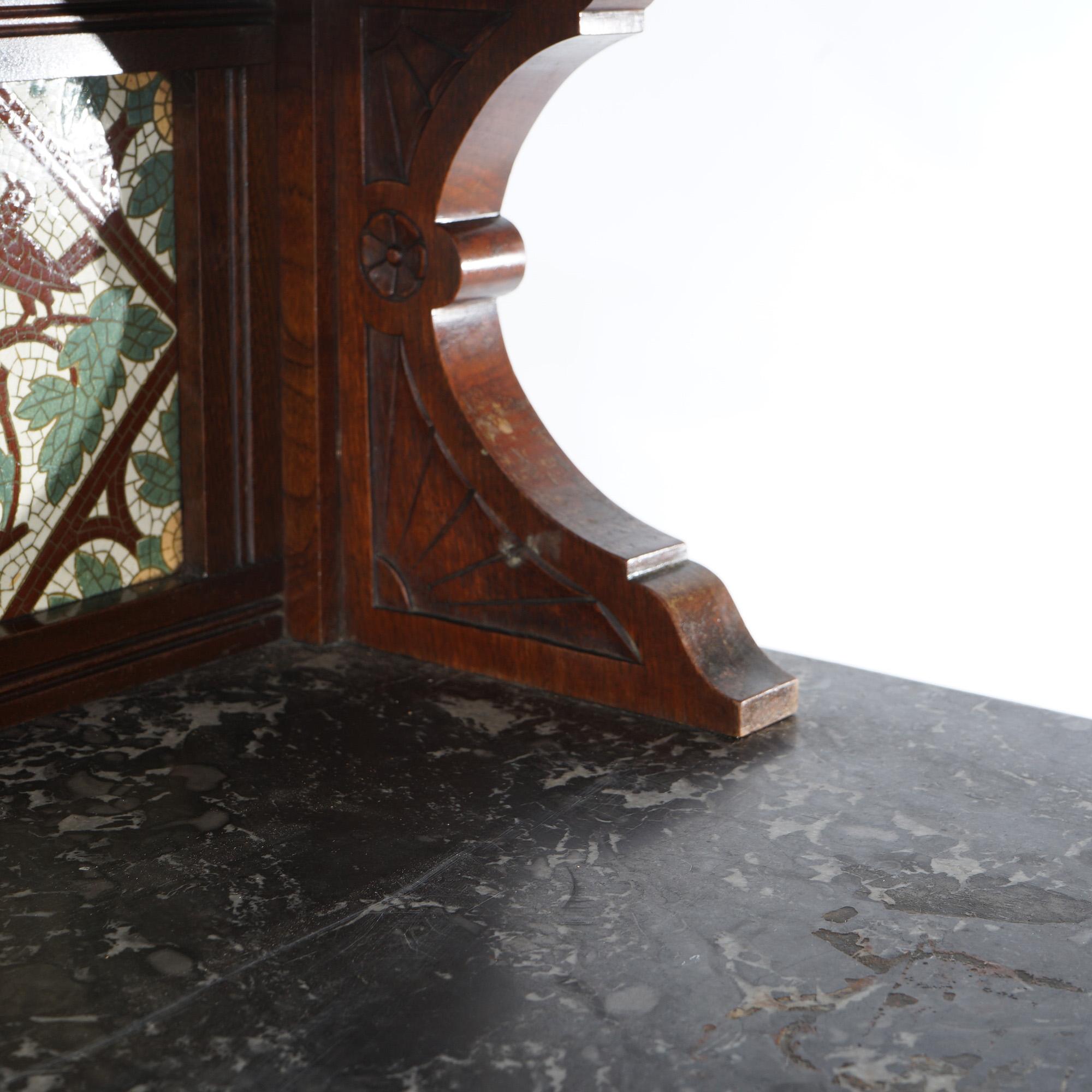 Antique Aesthetic Walnut & Burl Marble Top Dressing Table with Bird & Leaf Tiles For Sale 13