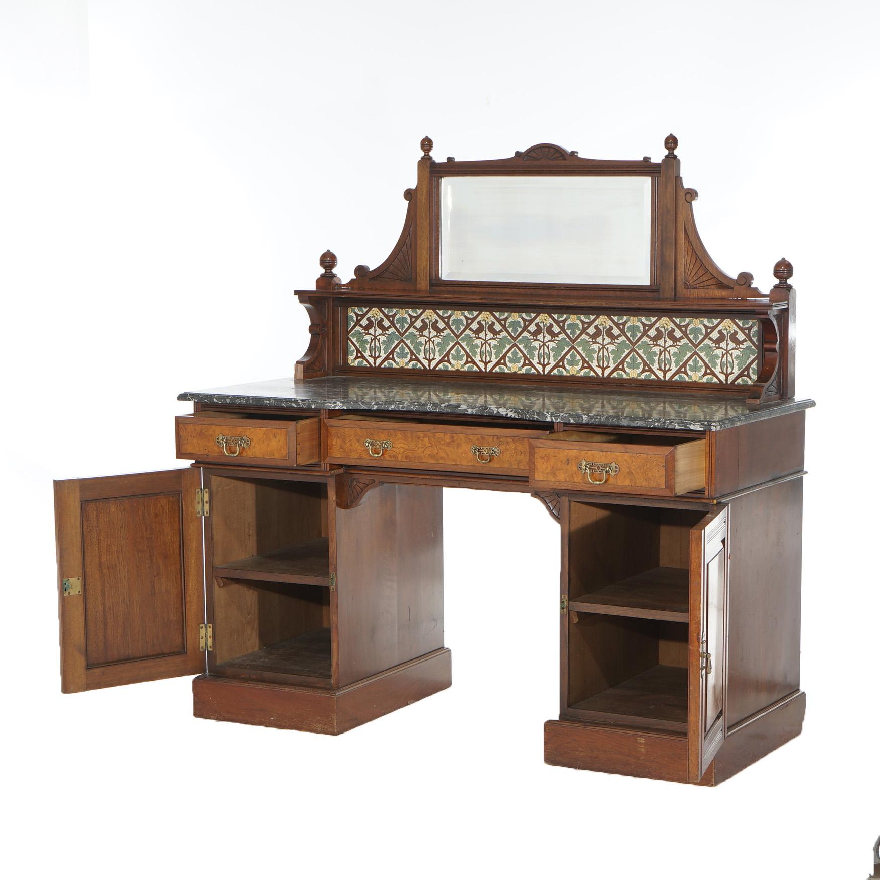 Antique Aesthetic Walnut & Burl Marble Top Dressing Table with Bird & Leaf Tiles 14