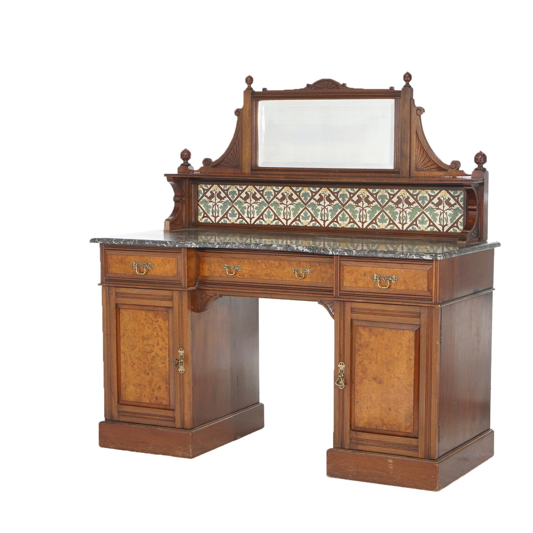 Antique Aesthetic Walnut & Burl Marble Top & Mirrored Dressing Table with Bird & Leaf Tiles, c1890

Measures - 52