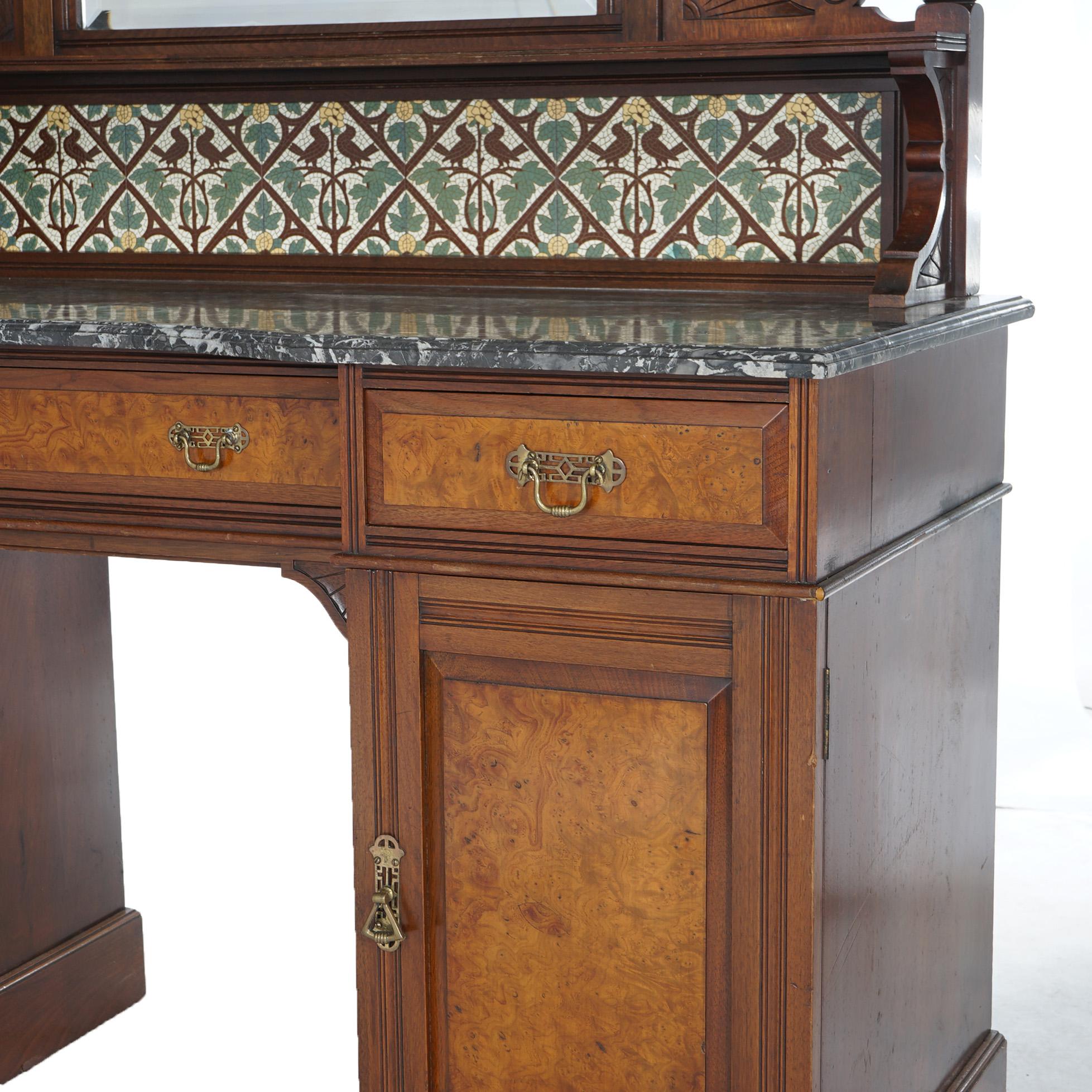 Antique Aesthetic Walnut & Burl Marble Top Dressing Table with Bird & Leaf Tiles For Sale 15